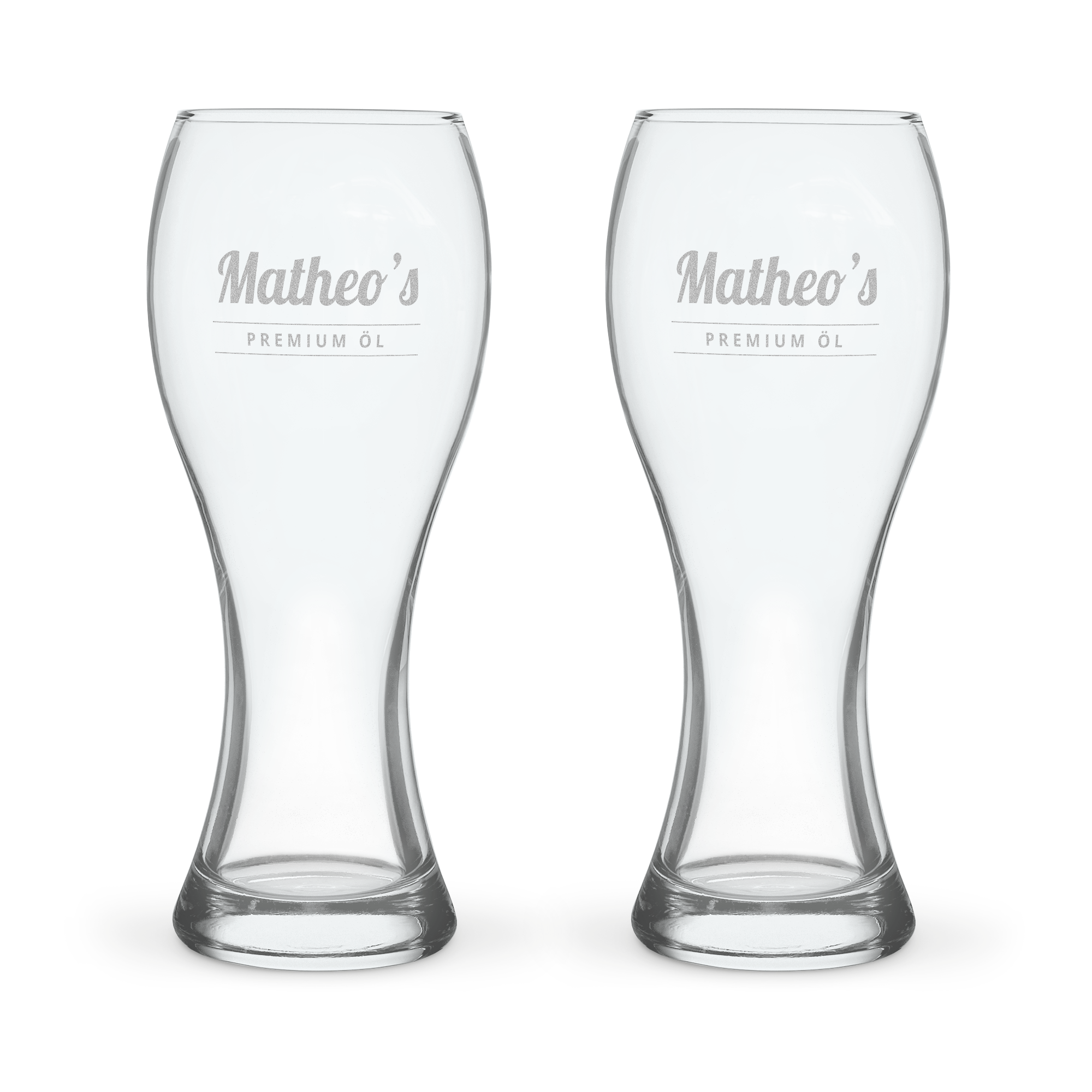 Två personaliserade ölglas med "Matheo's Premium Öl" lasergraverat. Häll upp din favorit öl i personaliserade ölglas.