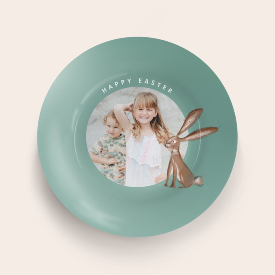 Placa de Páscoa Prato de Páscoa personalizado com foto de crianças e coelho e a frase Happy Easter