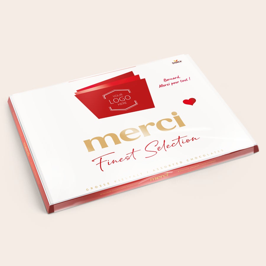 Chocolat Merci Finest Selection avec carte de vœux Mélange de chocolats Merci Finest Selection avec carte personnalisée - 675 grammes, avec votre logo et le texte « Bernard, Merci pour tout ! » imprimés.