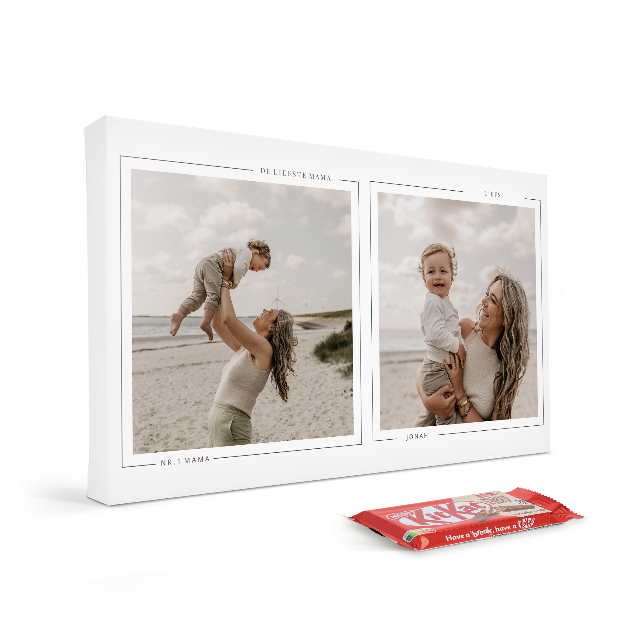 Caja de regalo de barras KitKat personalizada con dos fotos, el texto "DE LIEFSTE MAMA" y un KitKat rojo.