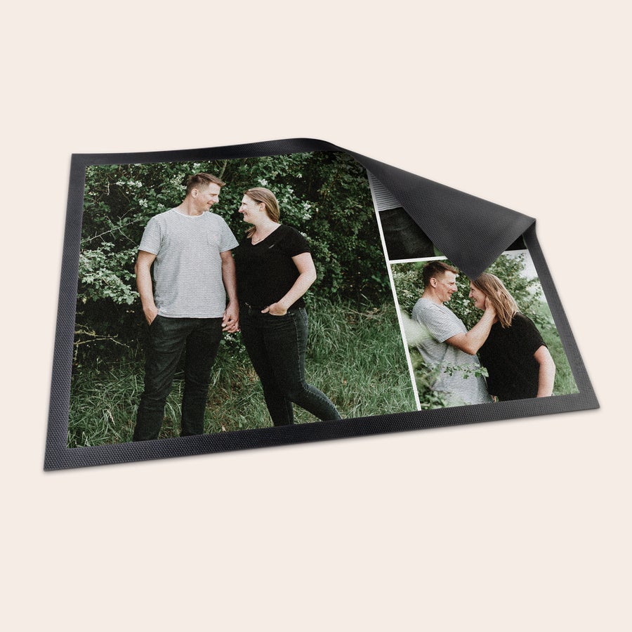 Gepersonaliseerde deurmat Deurmat met een fotocollage van een stel, geprint met persoonlijke foto's van de familie.