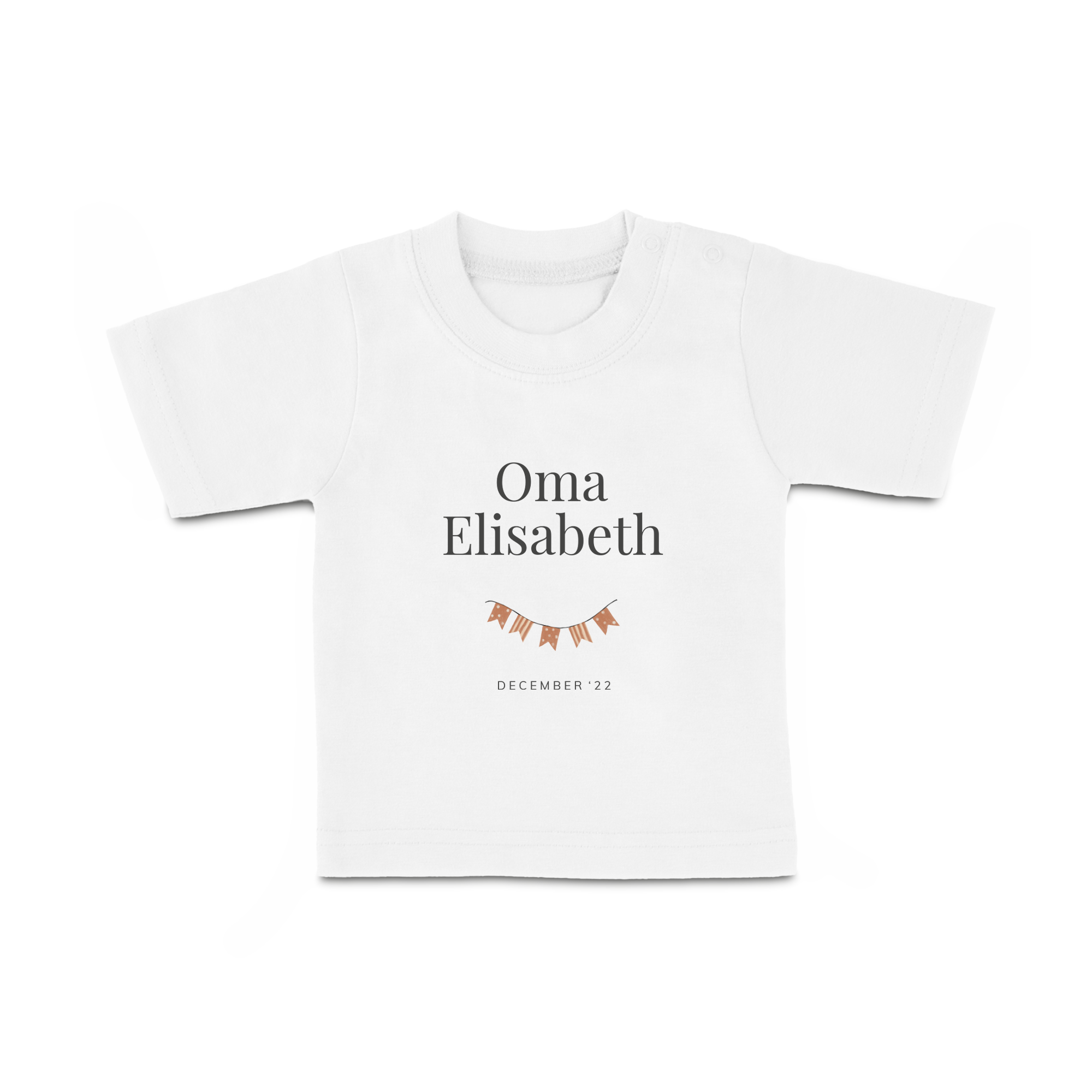 Weißes Baby T-Shirt mit Namen Oma Elisabeth, bedruckt mit Girlande und Datum Dezember '22