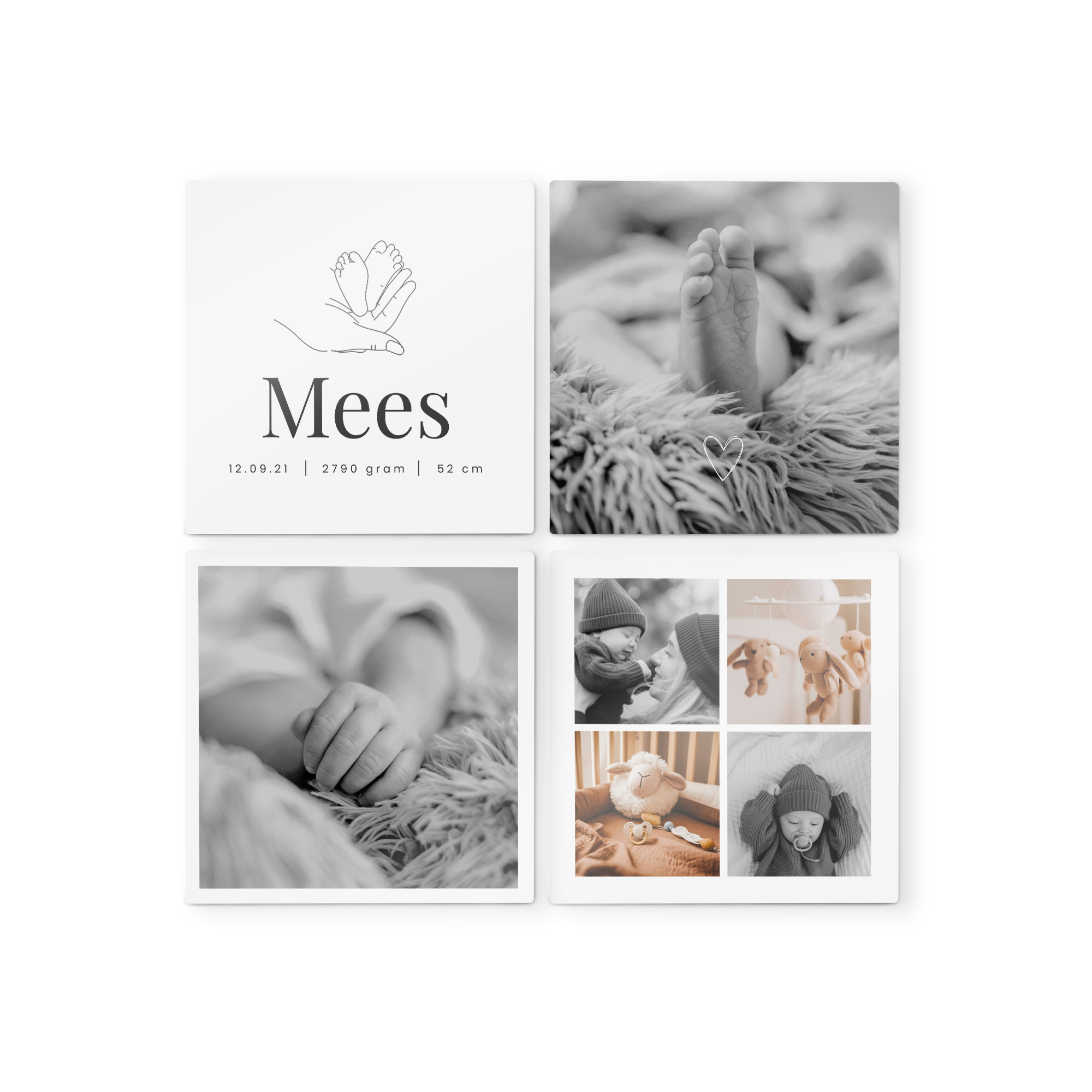 Nástěnné panely s černobílými fotografiemi miminka a textem "Mees" a údaji o narození, skvělé pro ozdobení zdi.