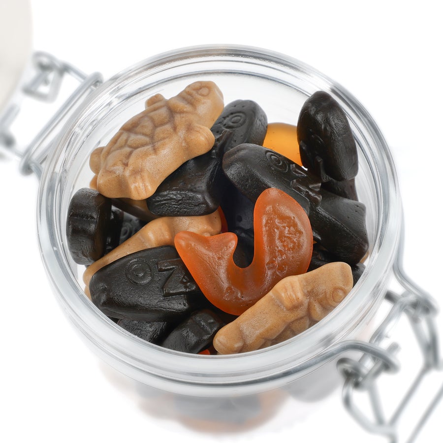 Frasco de doces personalizado Pote de doce personalizado com mistura de alcaçuz, detalhes visíveis dos doces