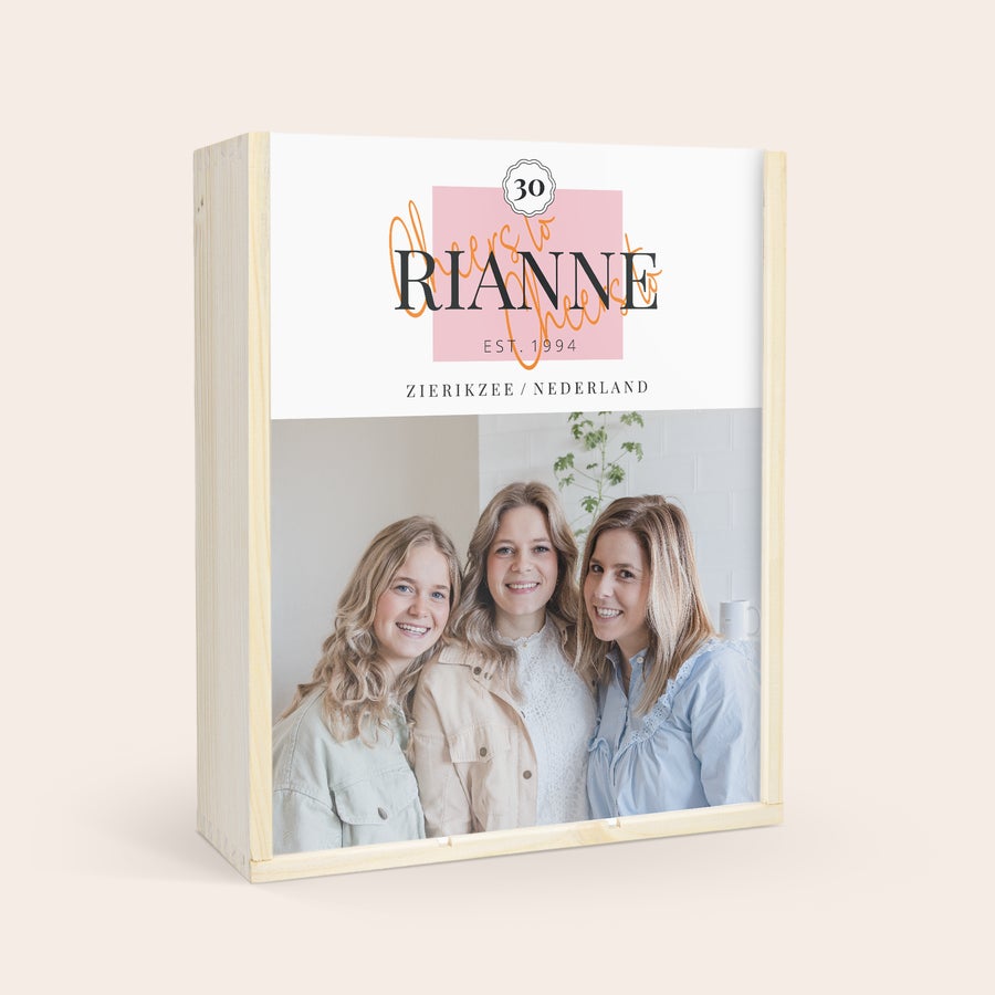 Gepersonaliseerde champagne - Piper Heidsieck Brut 750 ml Luxe champagnepakket met bedrukte deksel, gepersonaliseerd met een foto en de naam RIANNE, Cheers to 30 Years, Est. 1994, Zierikzee / Nederland