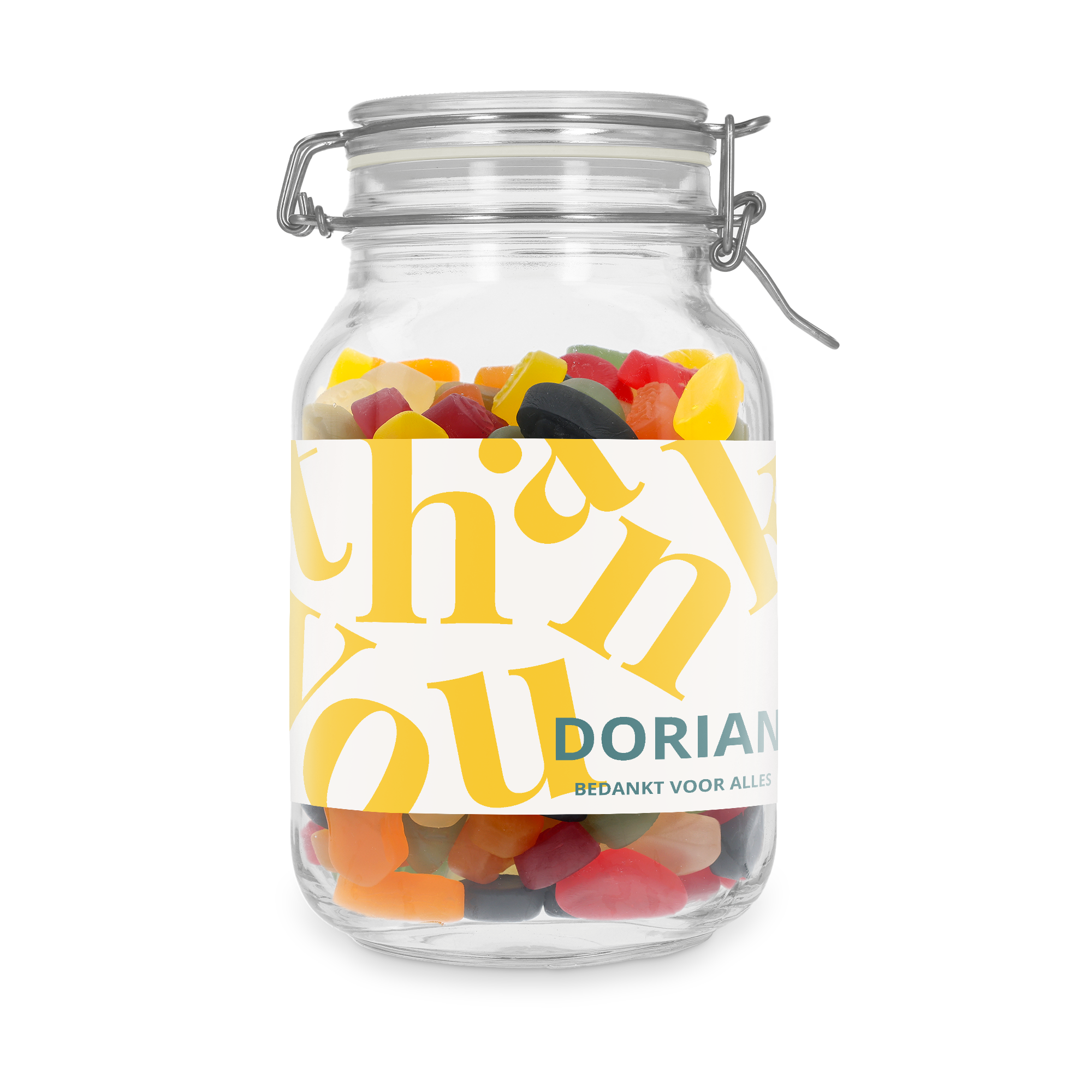Bedrukte snoeppot met winegums, bedrukt met de tekst Thank you, Dorian bedankt voor alles