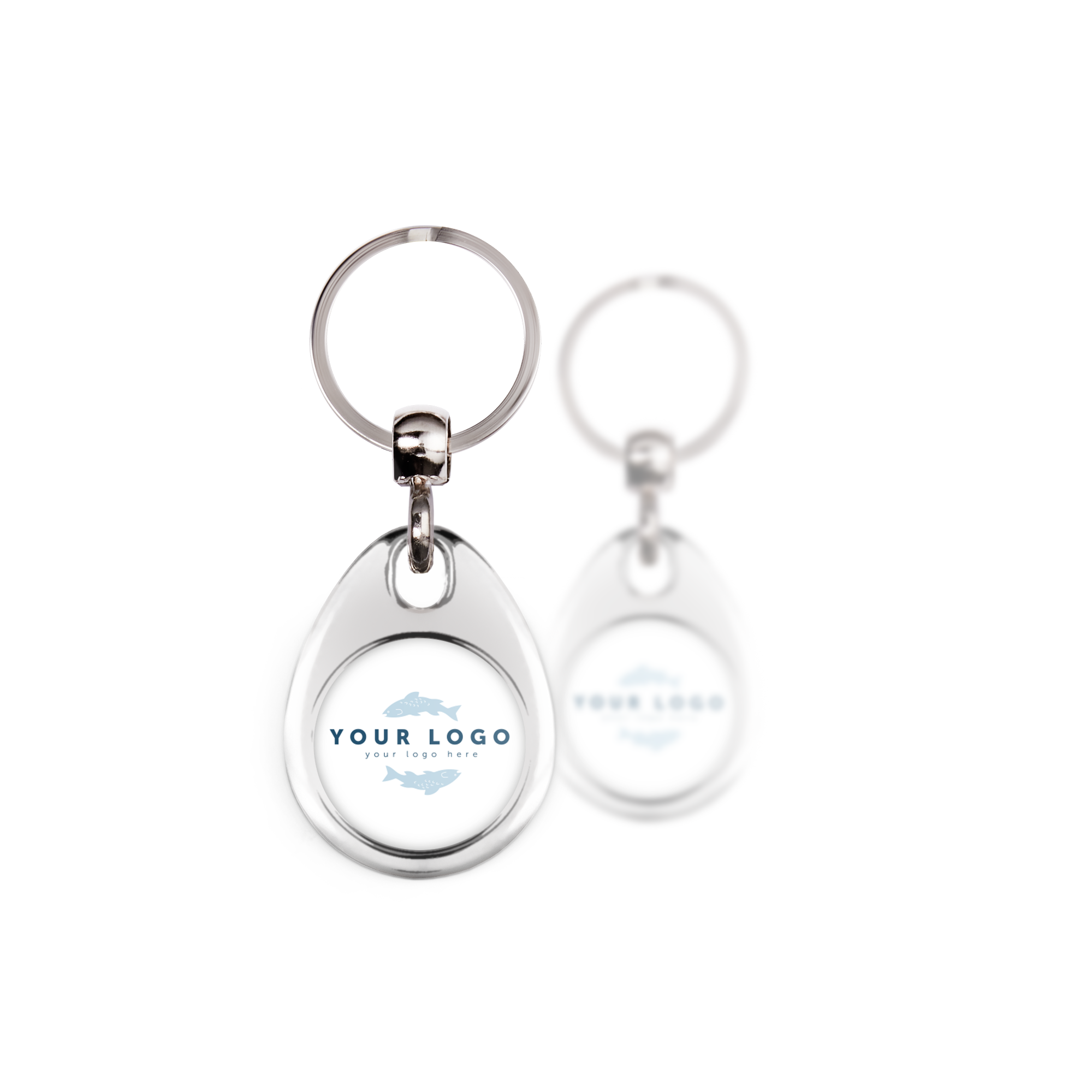 Llavero personalizado con forma ovalada, impresión a doble cara y dos logotipos en blanco y azul.