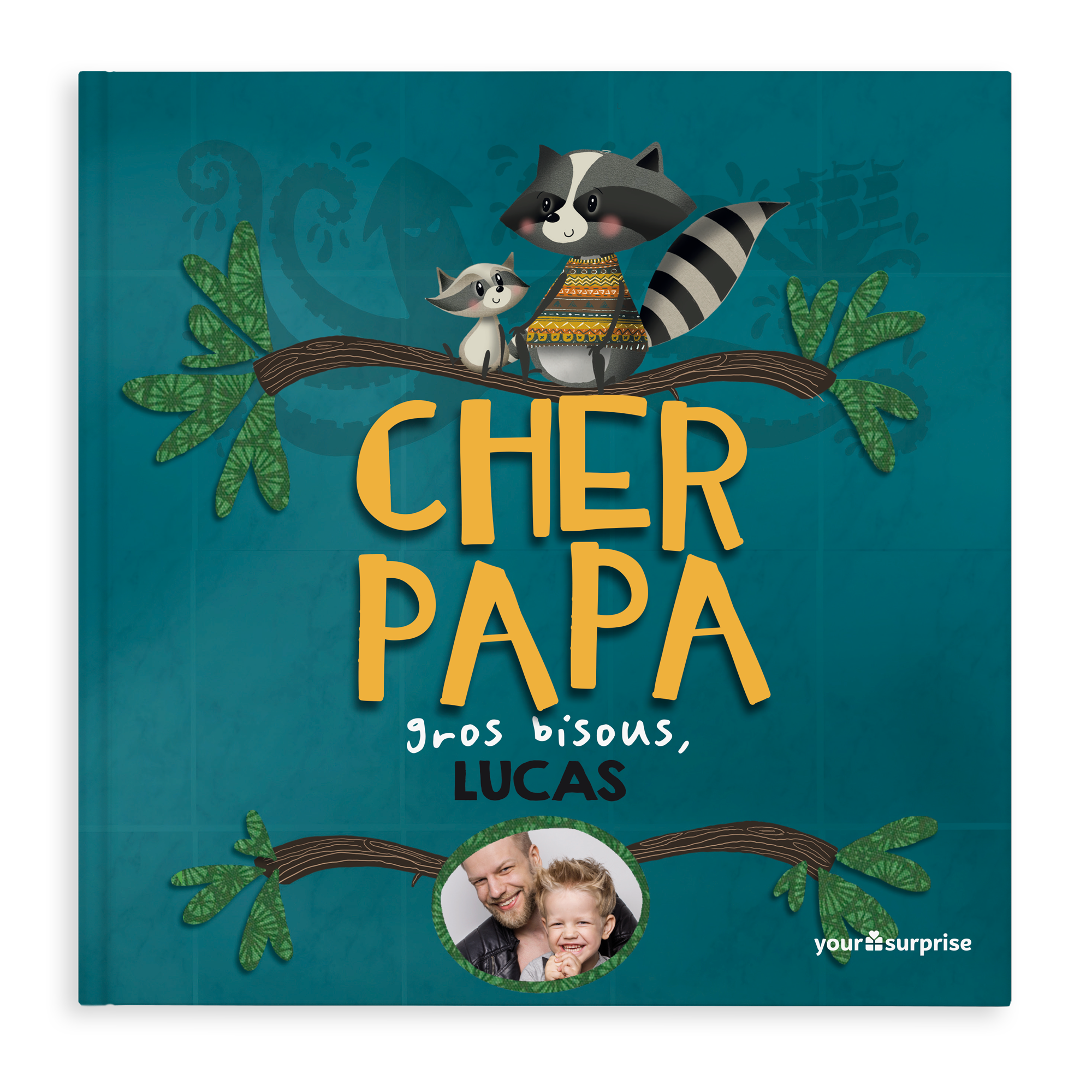 Livre personnalisé Cher Papa avec photo, noms enfants et texte Gros Bisous Lucas, couverture bleue