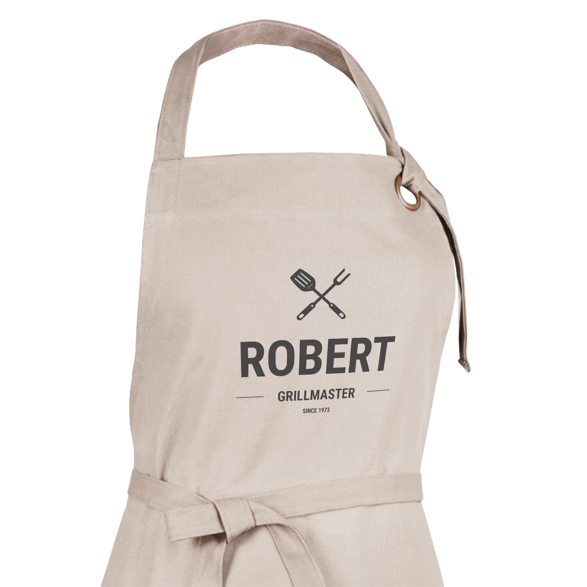 Persoonallinen esiliina beigestä puuvillasta painatuksella Robert Grillmaster Since 1973 -tekstillä