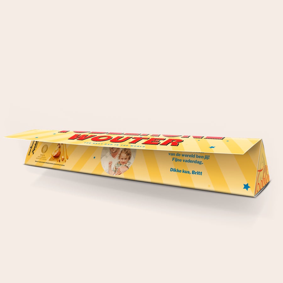 Toblerone Vaderdag met naam Gepersonaliseerde Toblerone reep voor papa, bedrukt met de naam Wouter, een foto en een persoonlijke boodschap.