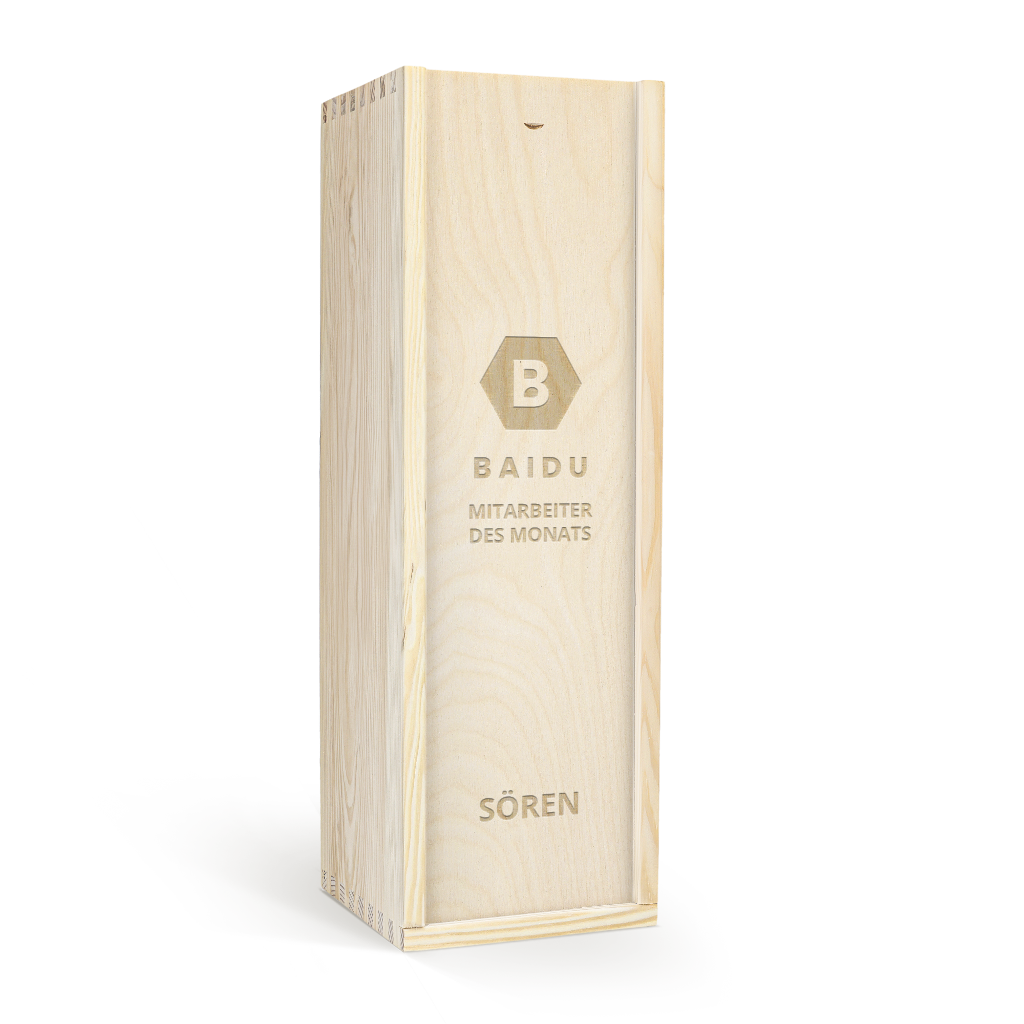 Helle Holzkiste graviert mit "Baidu Mitarbeiter des Monats" und "Sören", um eine Flasche The Balvenie zu verschenken