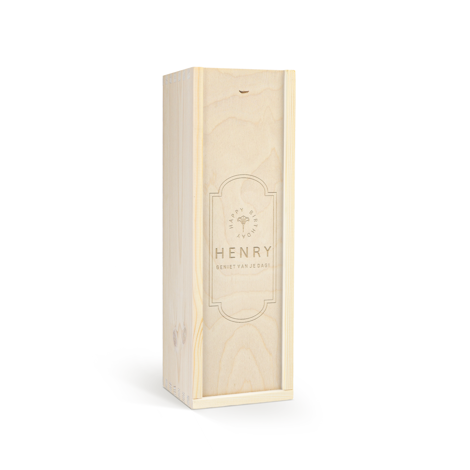 Luxe houten wijnkist gegraveerd met de naam Henry en 'Happy Birthday', inclusief een fles witte wijn om iemand te verrassen.