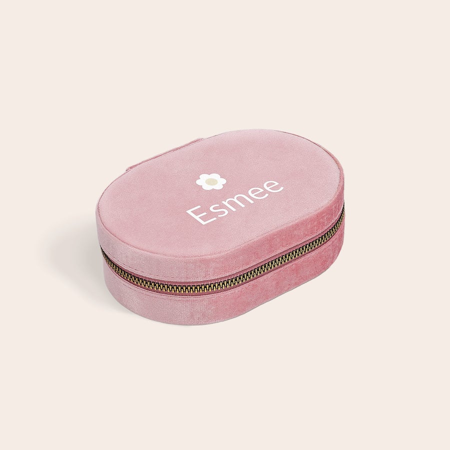 Gepersonaliseerde sieradendoos Gepersonaliseerde sieradendoos - Ovaal - Roze met naam Esmee en bloemetje bedrukt, perfect om zelf te ontwerpen.
