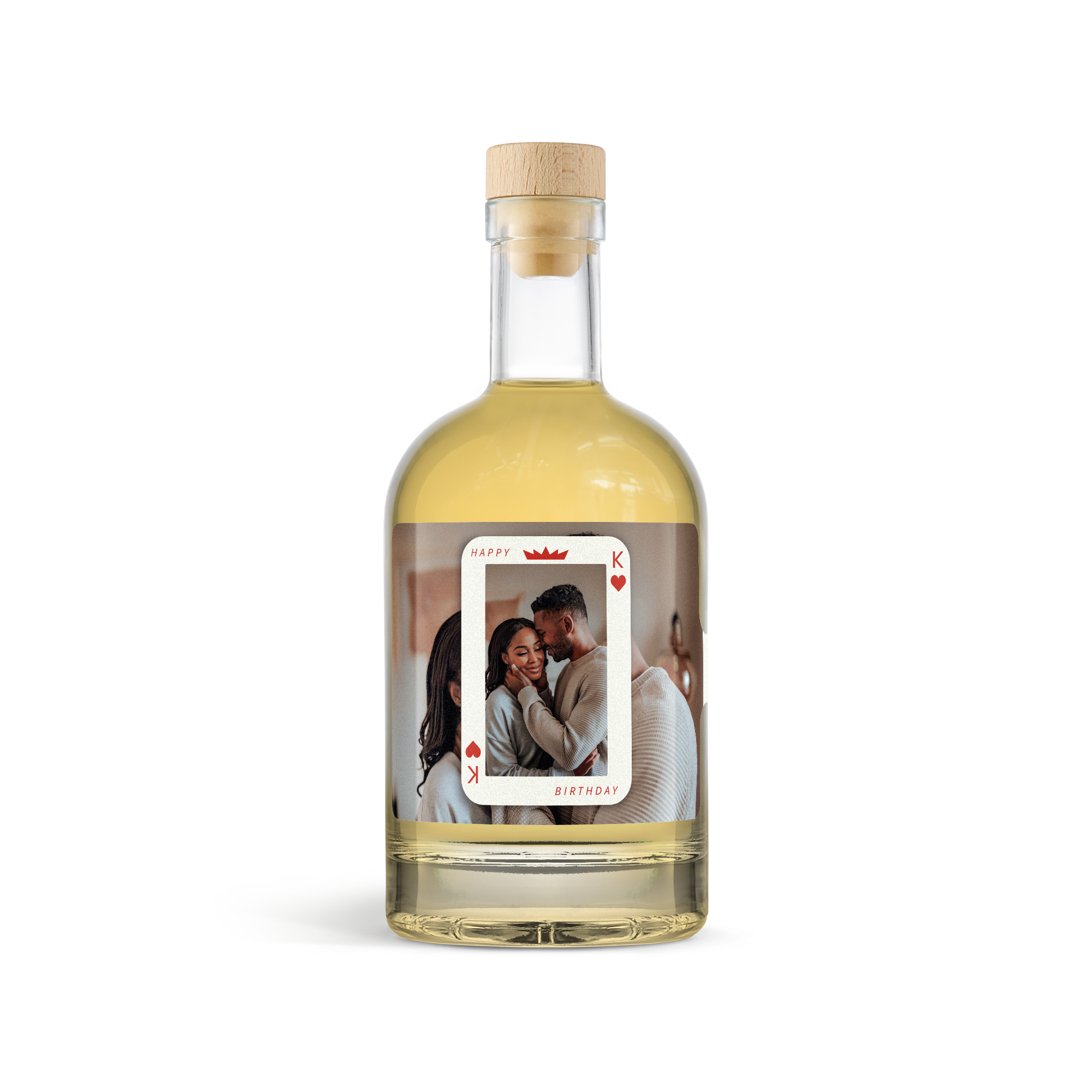 En personlig flaska whisky med en unik etikett tryckt med ett foto av ett par och texten Happy Birthday.