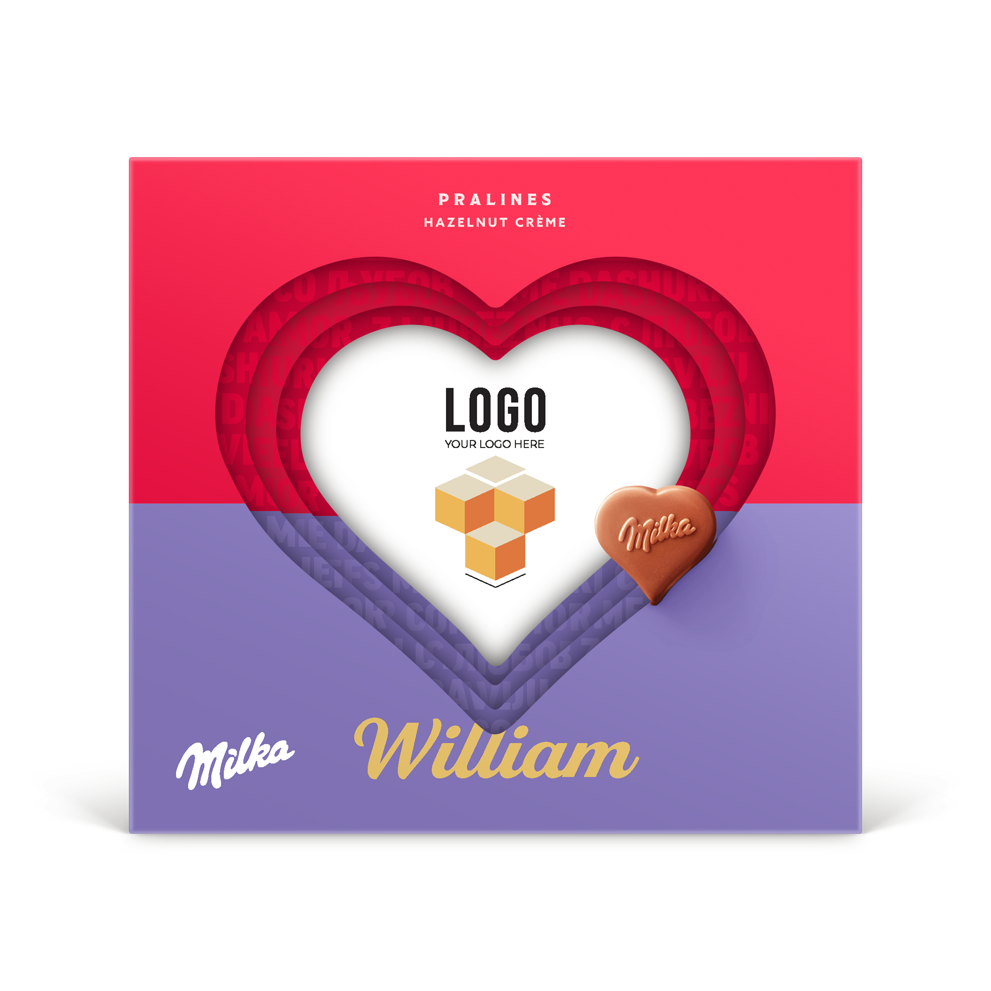 Caja de regalo personalizada en forma de corazón de Milka en 3D con nombre William impreso y espacio para logo o foto.