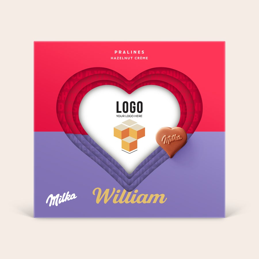 Milka hartjes in 3D chocolade doos Milka hartjes in een gepersonaliseerde 3D doos, bedrukt met een eigen foto en de naam William.