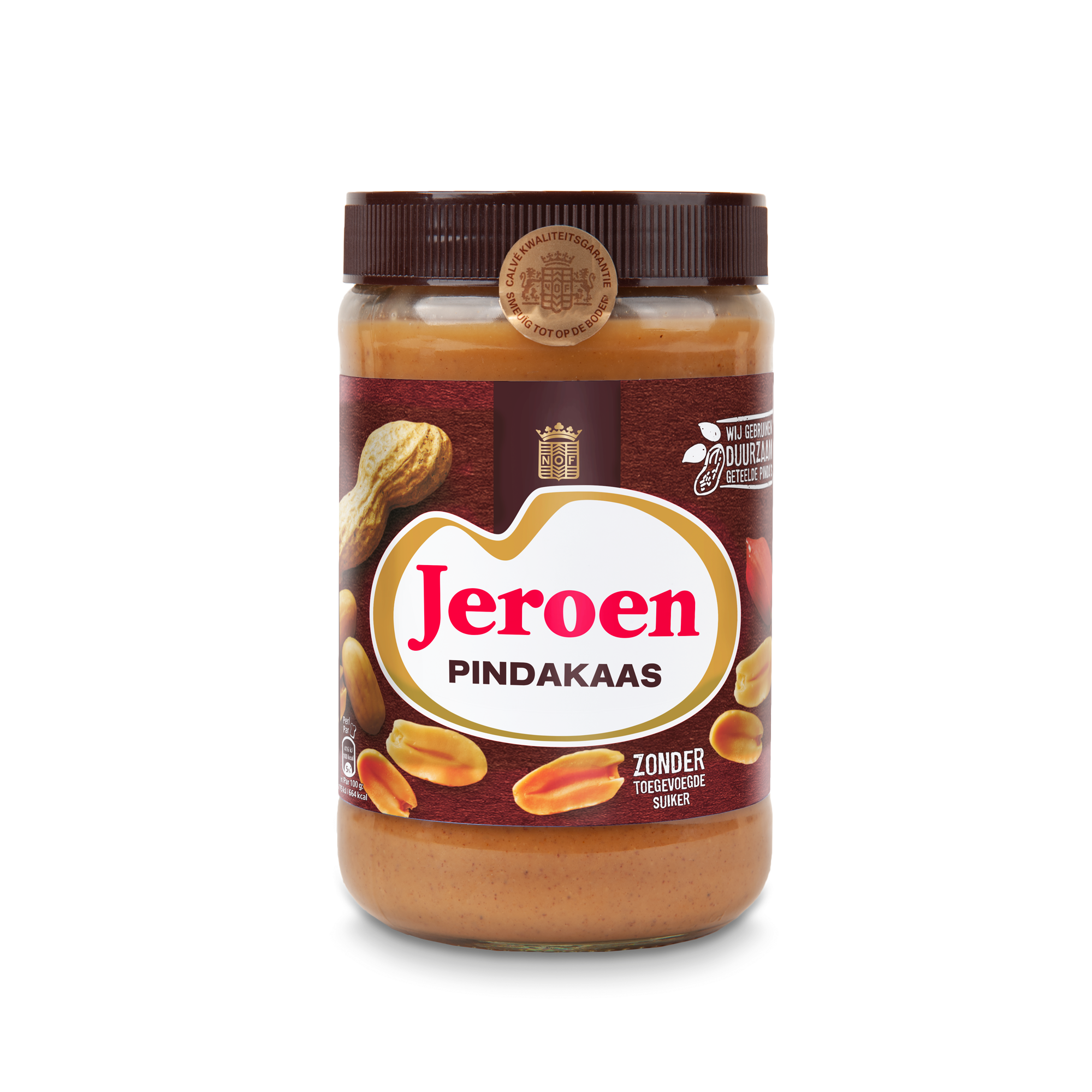 Glazen pot Calvé pindakaas met gepersonaliseerd etiket met de naam Jeroen in rood, zonder toegevoegde suiker.