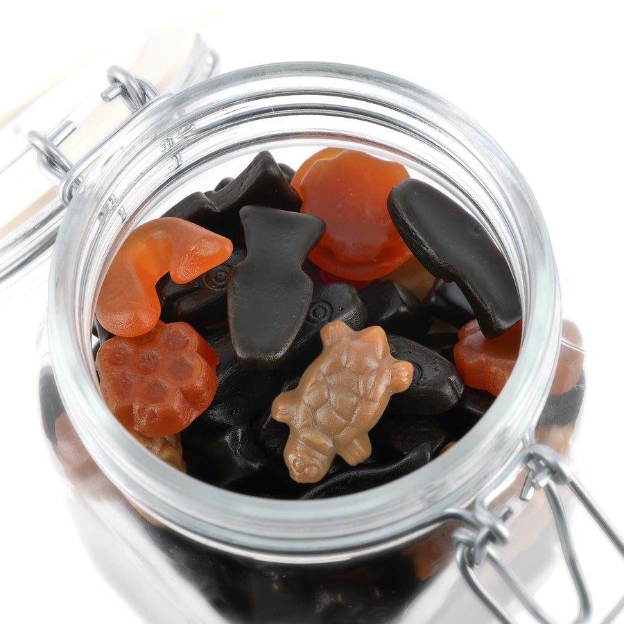 Barattolo di caramelle personalizzato Barattolo di dolciumi personalizzato in vetro con chiusura ermetica, riempito con mix di liquirizia scura e colorata.