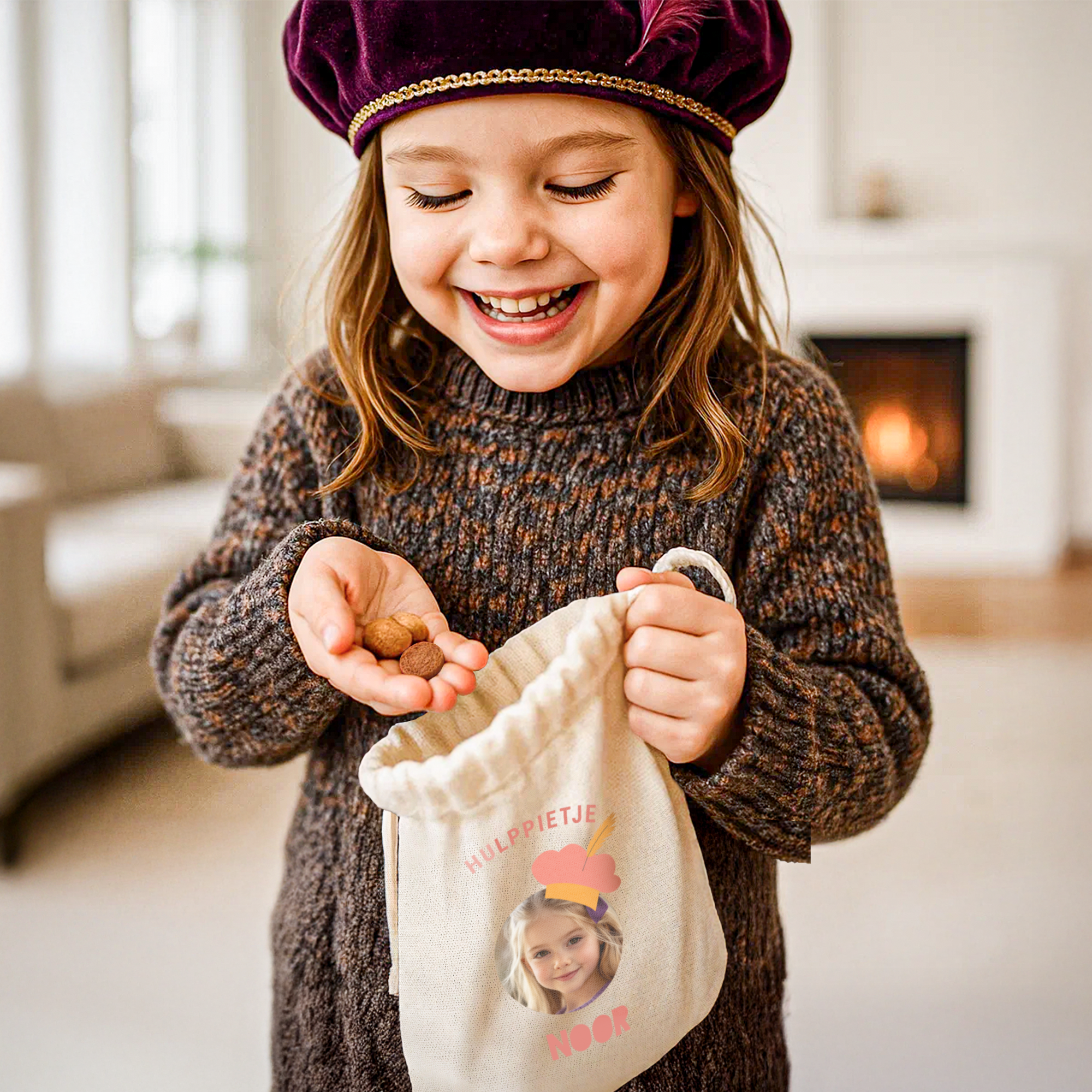 Gepersonaliseerd katoenen zakje met opdruk 'Hulppietje Noor' en eigen foto, vult Sinterklaas met lekkernijen