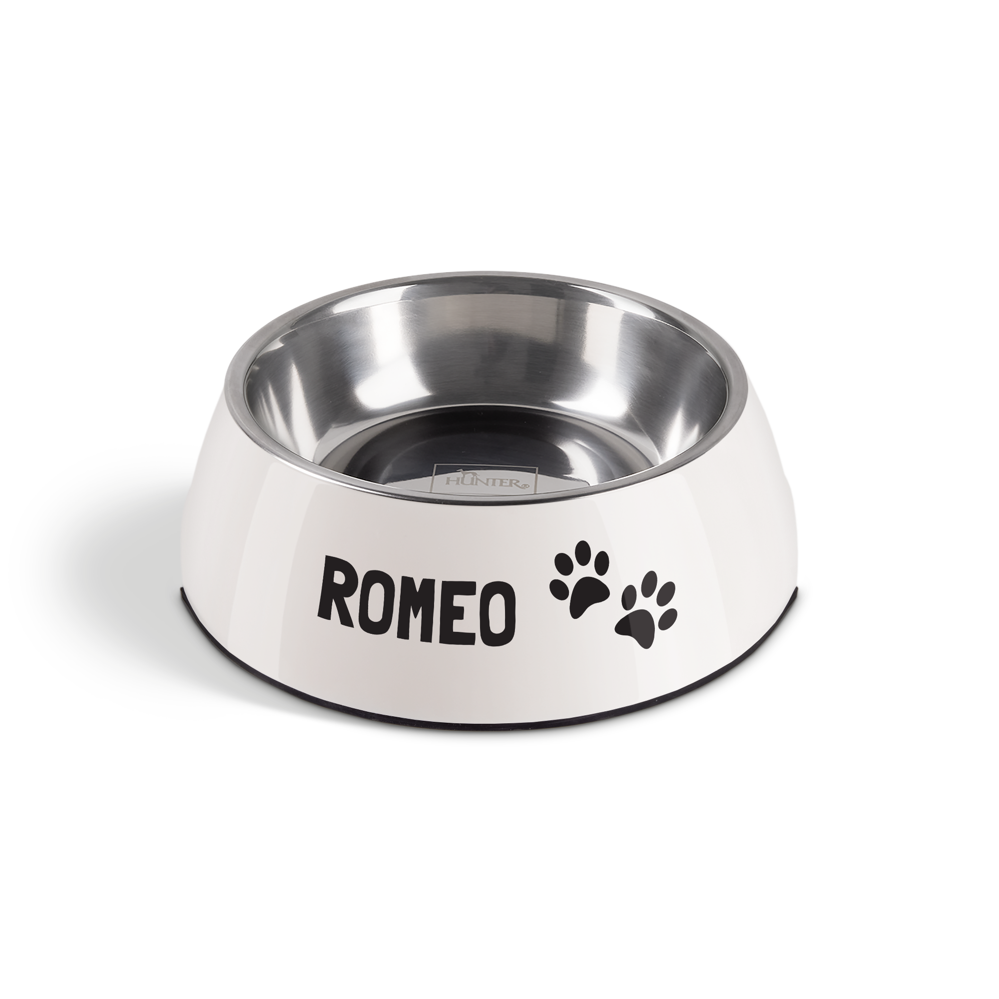 Hvid personlig madskål med navnet "ROMEO" og hundepoter, trykt på siden.