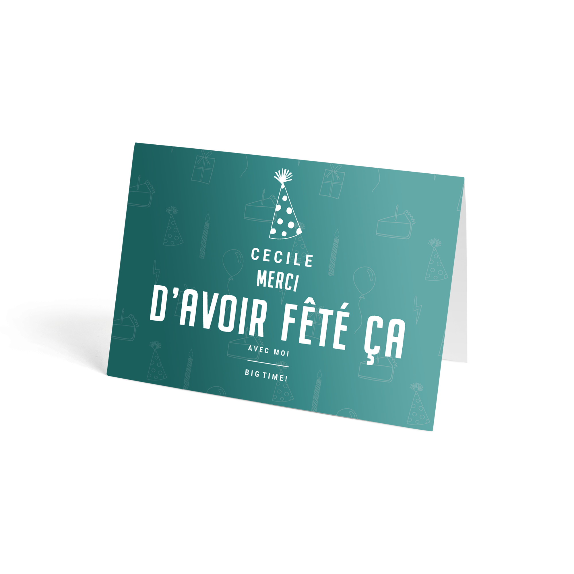 Carte de remerciement personnalisée avec texte Cécile Merci d'avoir fêté ça avec moi Big Time et des motifs de fête, Roses postales - Rouge