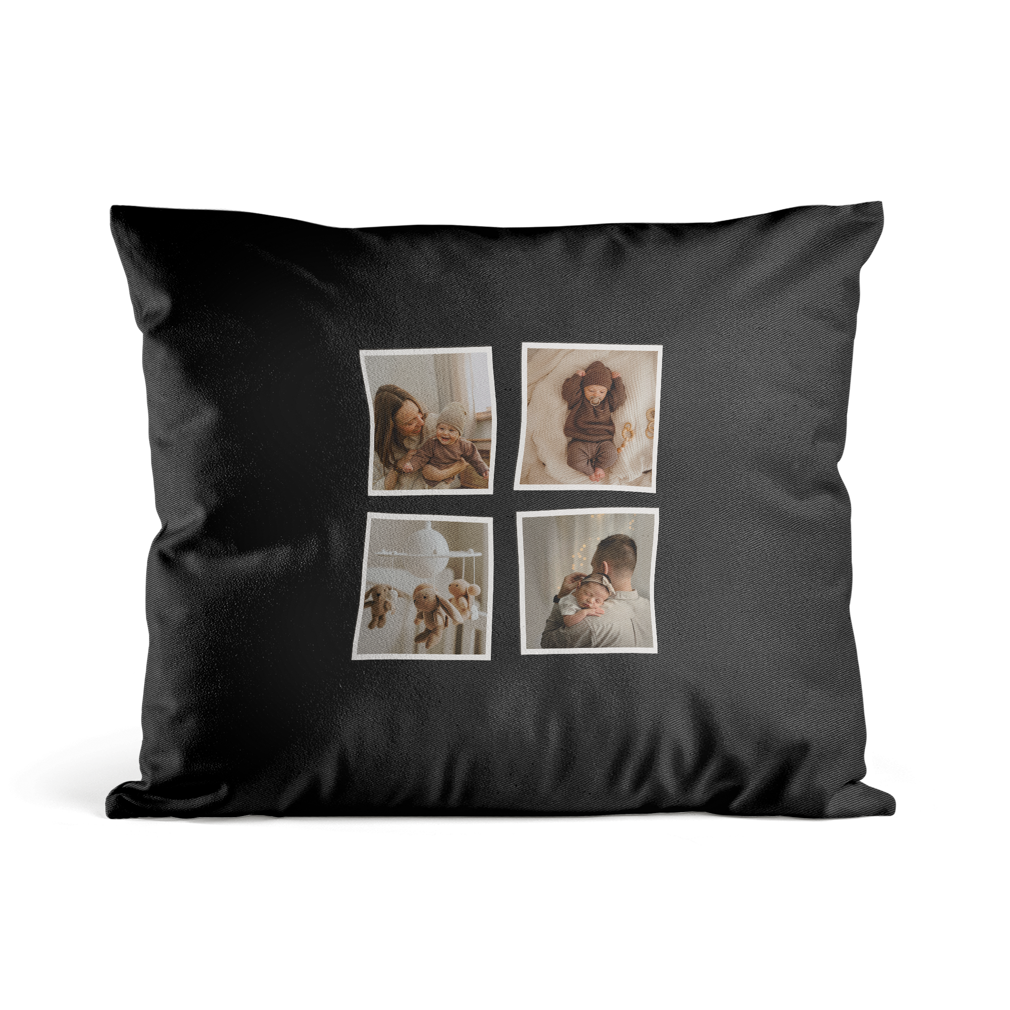 Schwarzes Kissen mit Foto-Collage, bedruckt mit vier Fotos von Babys und ihren Eltern.