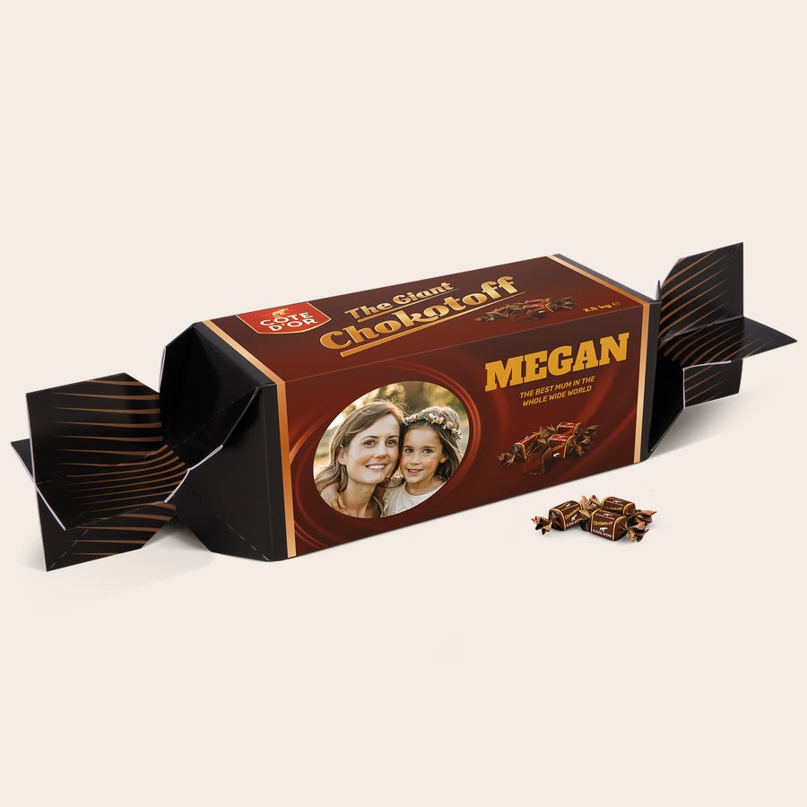 Personalised Chokotoff toffee gift Personalised giant Chokotoff Toffee box with a printed photo of a woman and child and the name Megan.