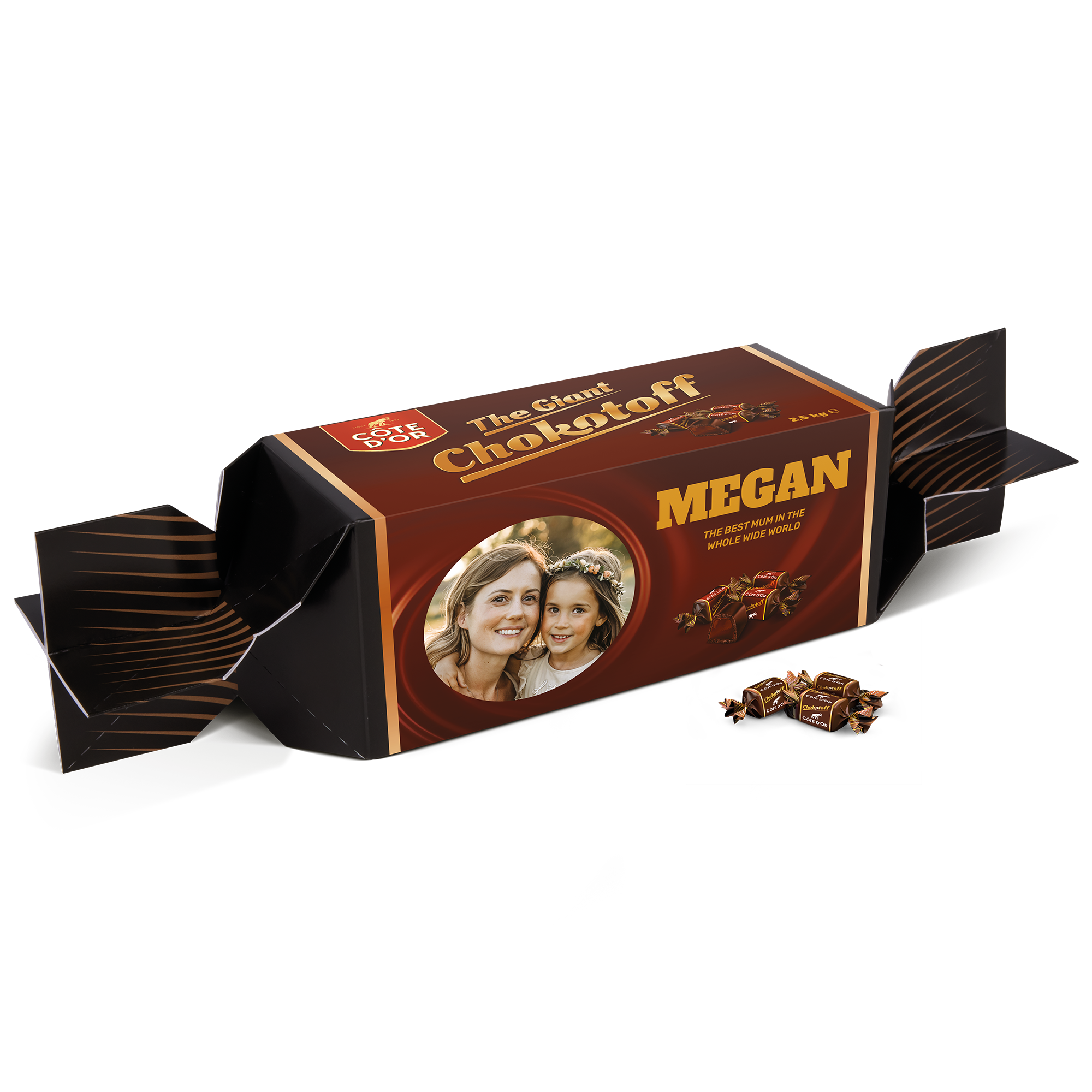Personlig gigantisk Chokotoff Toffee med trykt bilde av to kvinner og navnet MEGAN på esken.