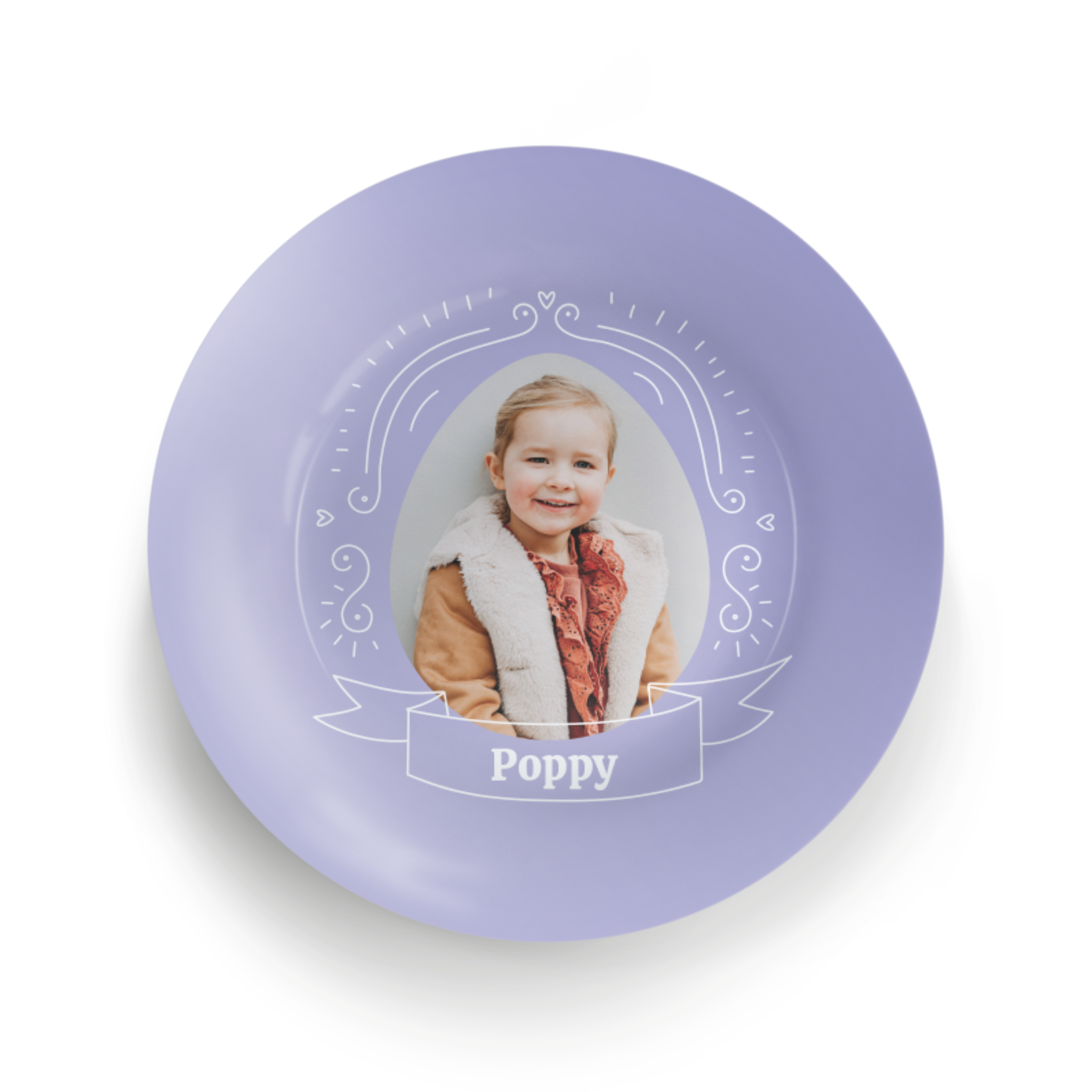 Personlig påsketallerken med et bilde av en ung jente og navnet Poppy, trykt med påskedesign.