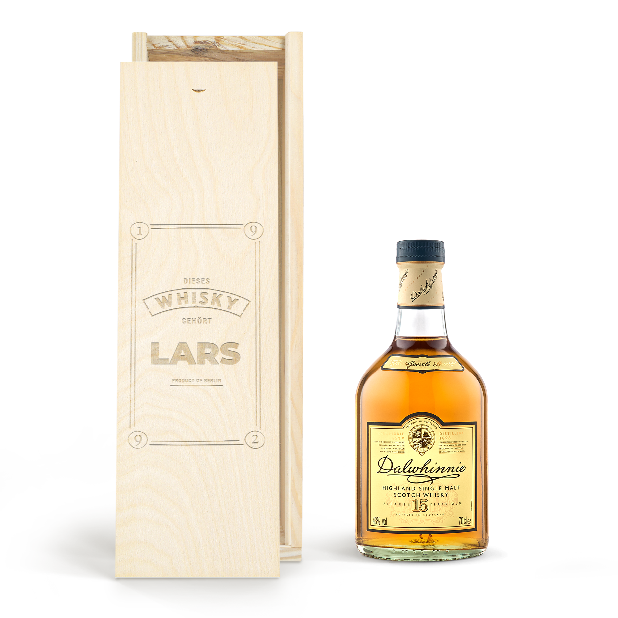 Flasche Dalwhinnie 15 Years Whisky in personalisierter Holzkiste mit graviertem Namen Lars