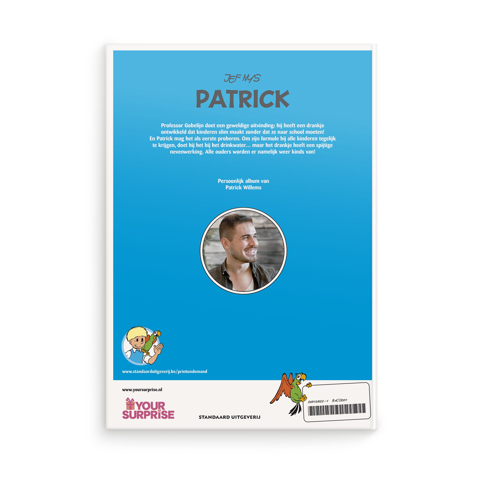 Persoonlijk stripboek - Jommeke Kinderen Baas (Hardcover) met blauwe omslag, eigen foto en naam Patrick Willems.