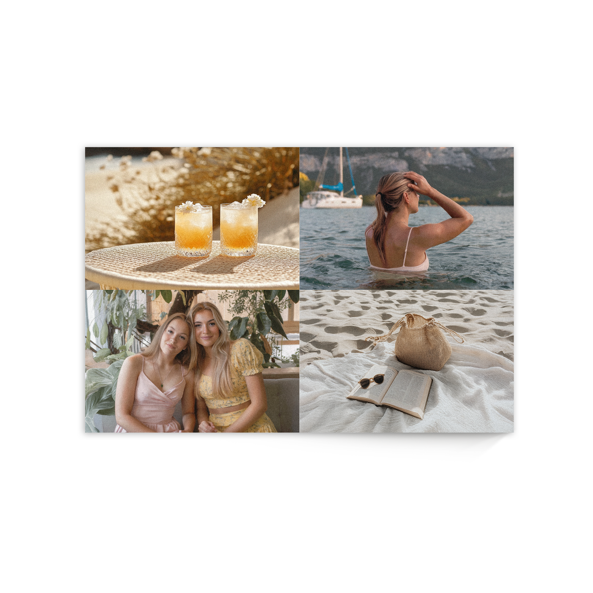 Panel de madera personalizado con collage de cuatro fotos de momentos de ocio, con una foto en madera.