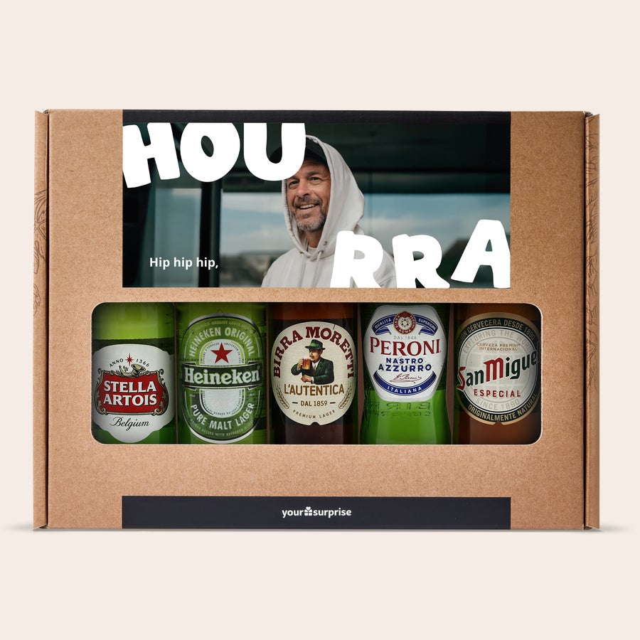 Coffret bière personnalisé - Anniversaire Coffret de 5 bières personnalisable imprimé avec photo d'un homme souriant et le texte "HOU RRA".