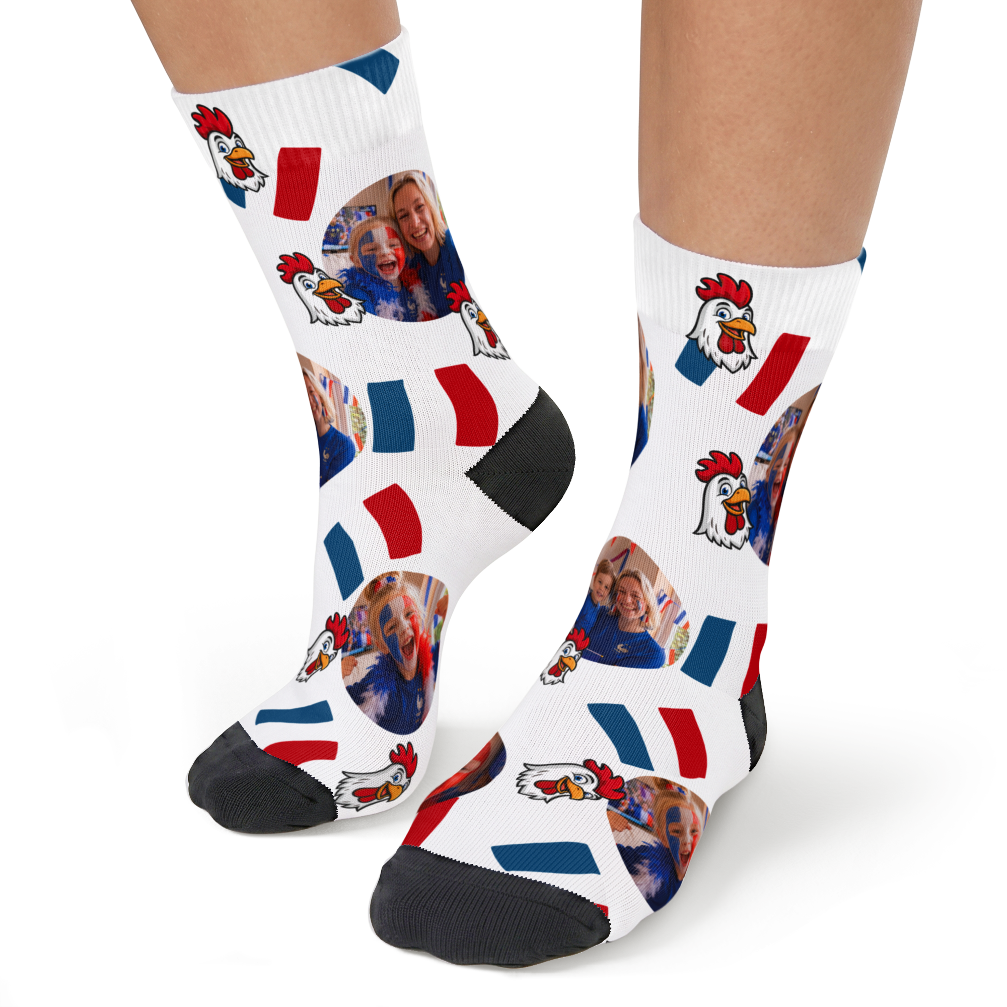 Chaussettes Coupe du Monde entièrement imprimées – 35/38 avec des photos personnalisées d'une femme et d'un enfant souriants et le drapeau français