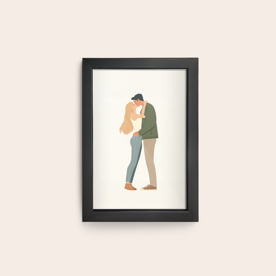 Personalised photo print with frame Personalized photo print with a black frame featuring an illustration of a couple embracing printed on the paper