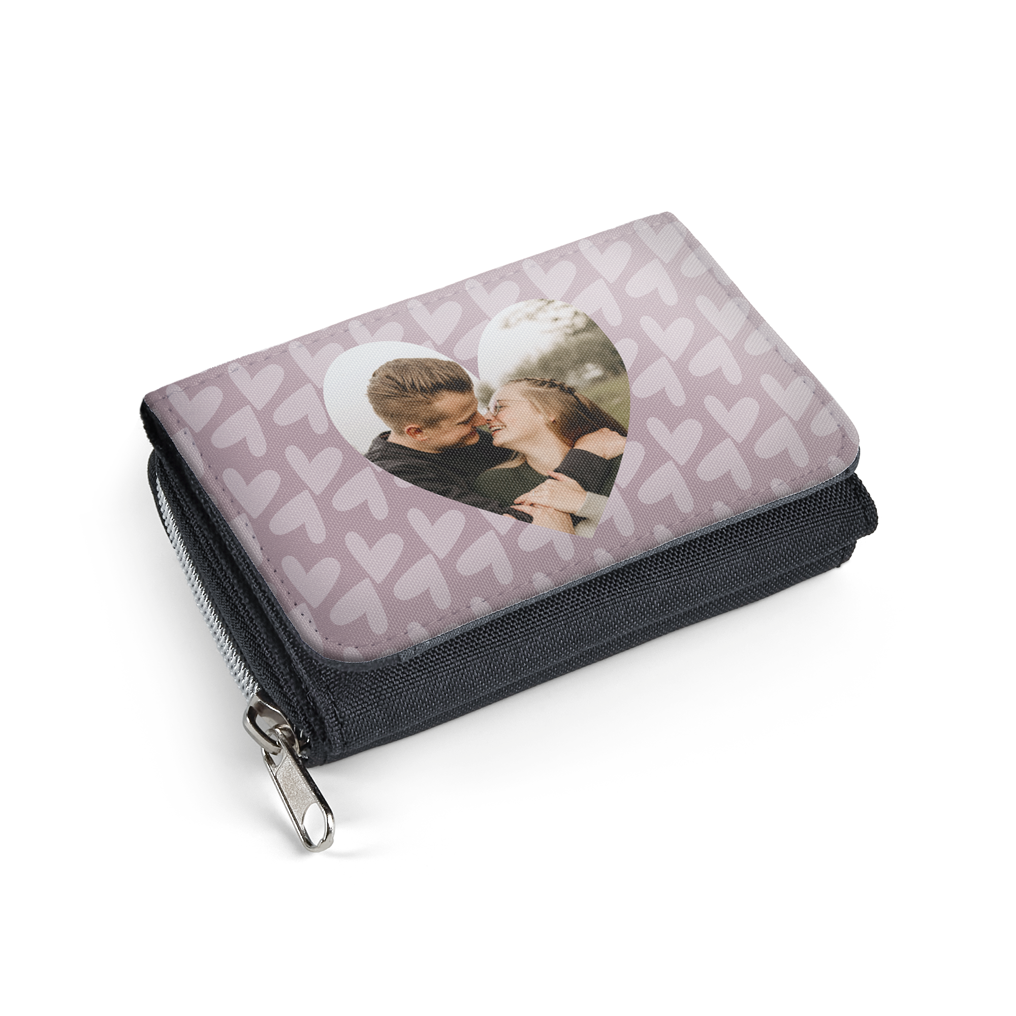 Portofel mic personalizat cu o fotografie imprimată a unui cuplu, înconjurat de inimi albe pe fond roz.
