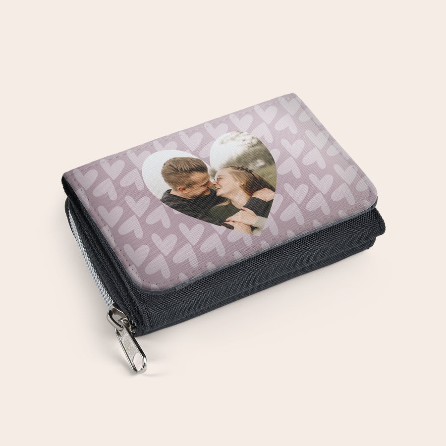 Wallet Personalise a small purse with a printed photo of a couple in a heart shape and pink heart pattern.