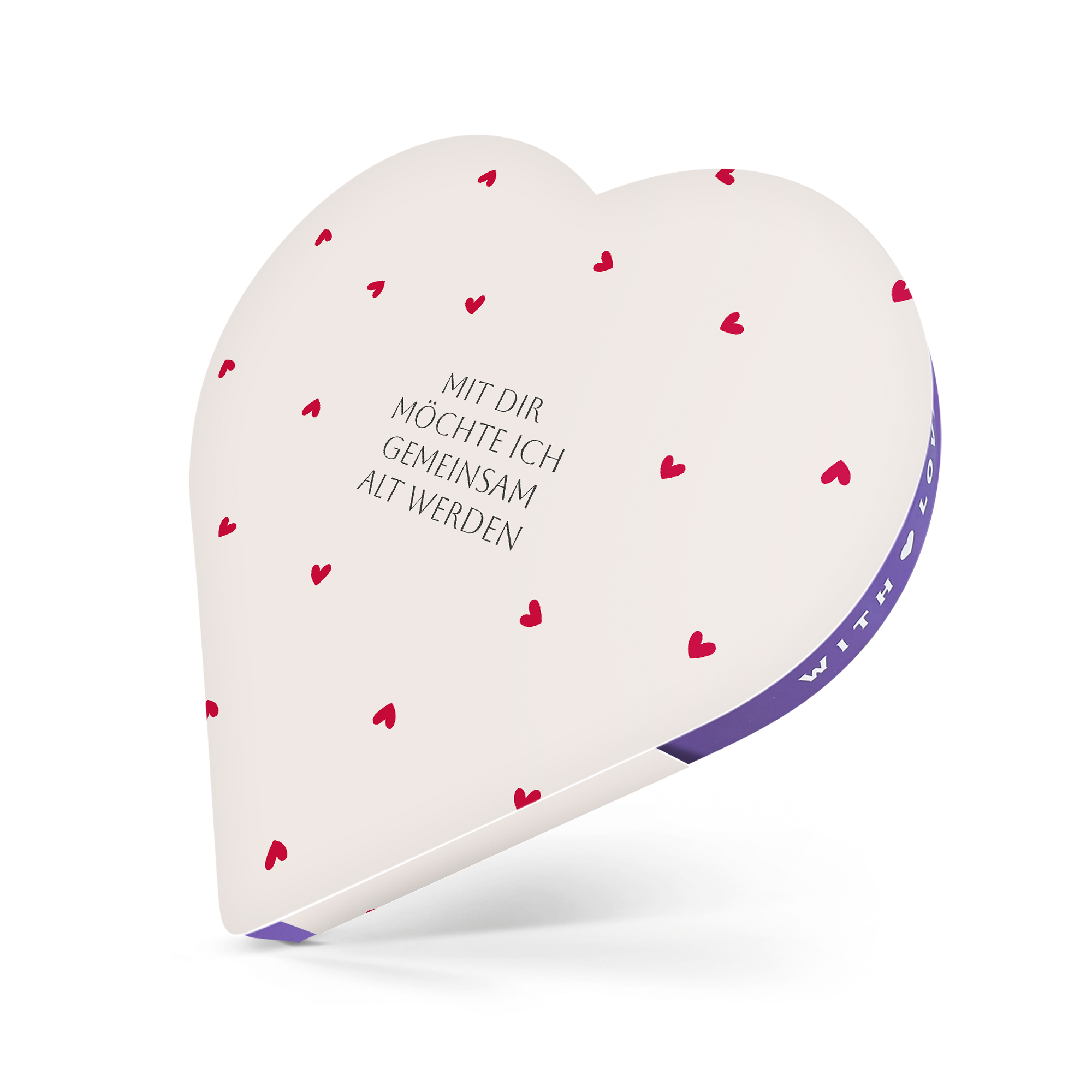 Personalisierte Herz-Schokoladenbox mit rotem Herzmuster und Text "MIT DIR MÖCHTE ICH GEMEINSAM ALT WERDEN", bedruckt