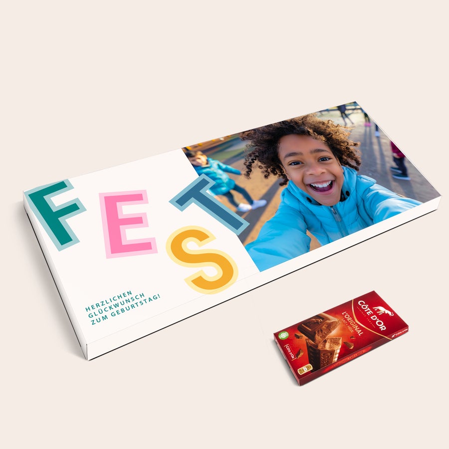 Riesen Côte d'Or Schokolade Personalisiert XXL-Schokoladentafel Côte d'Or, personalisiert mit Foto eines Kindes und dem Text "Herzlichen Glückwunsch zum Geburtstag", darauf gedruckt