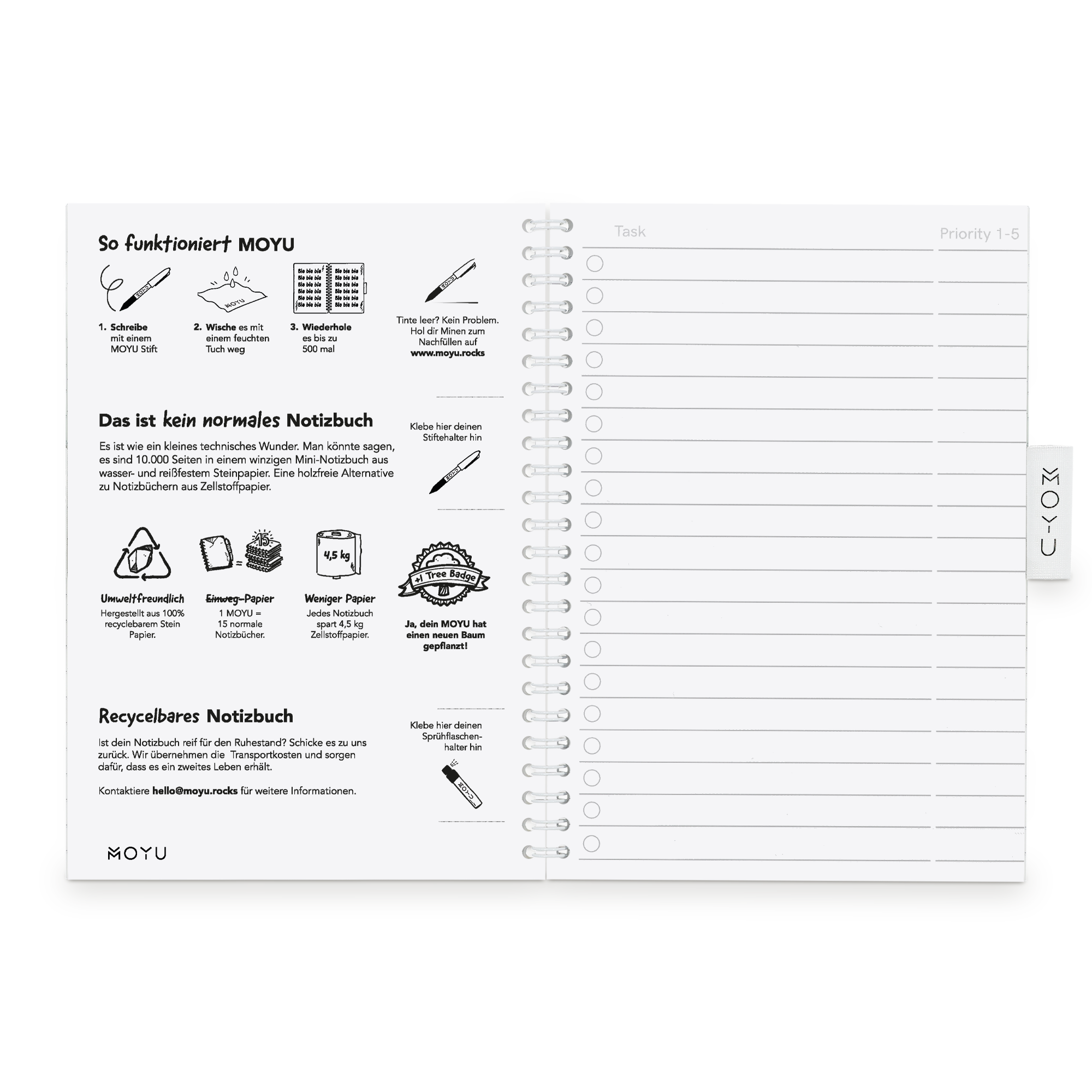 Ein personalisiertes löschbares MOYU Notizbuch, weiß, zeigt Anweisungen für die Wiederverwendung und ein leeres Aufgabenblatt.