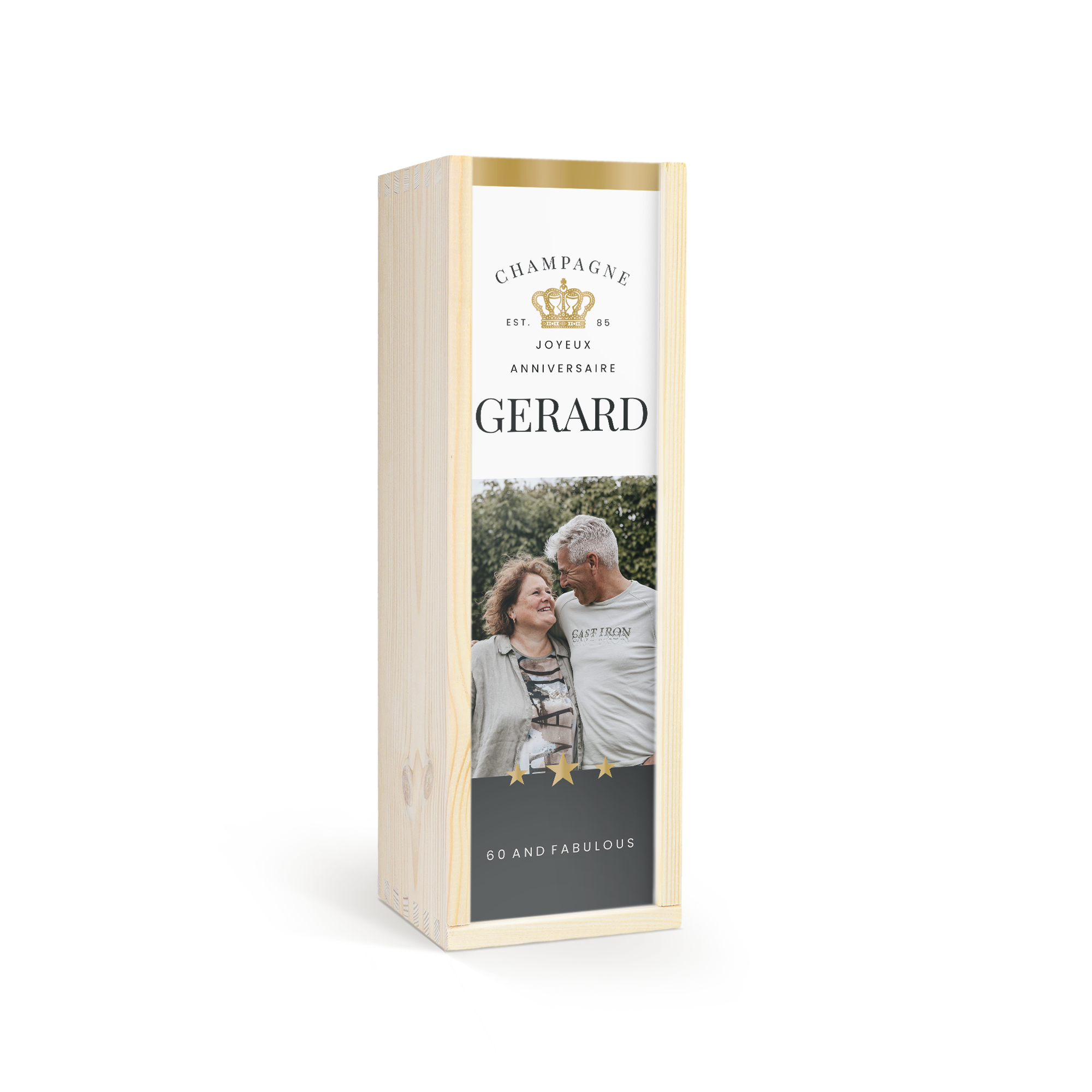 Coffret personnalisé pour vin sans alcool Vintense, imprimé avec photo, texte "GERARD" et "60 AND FABULOUS"