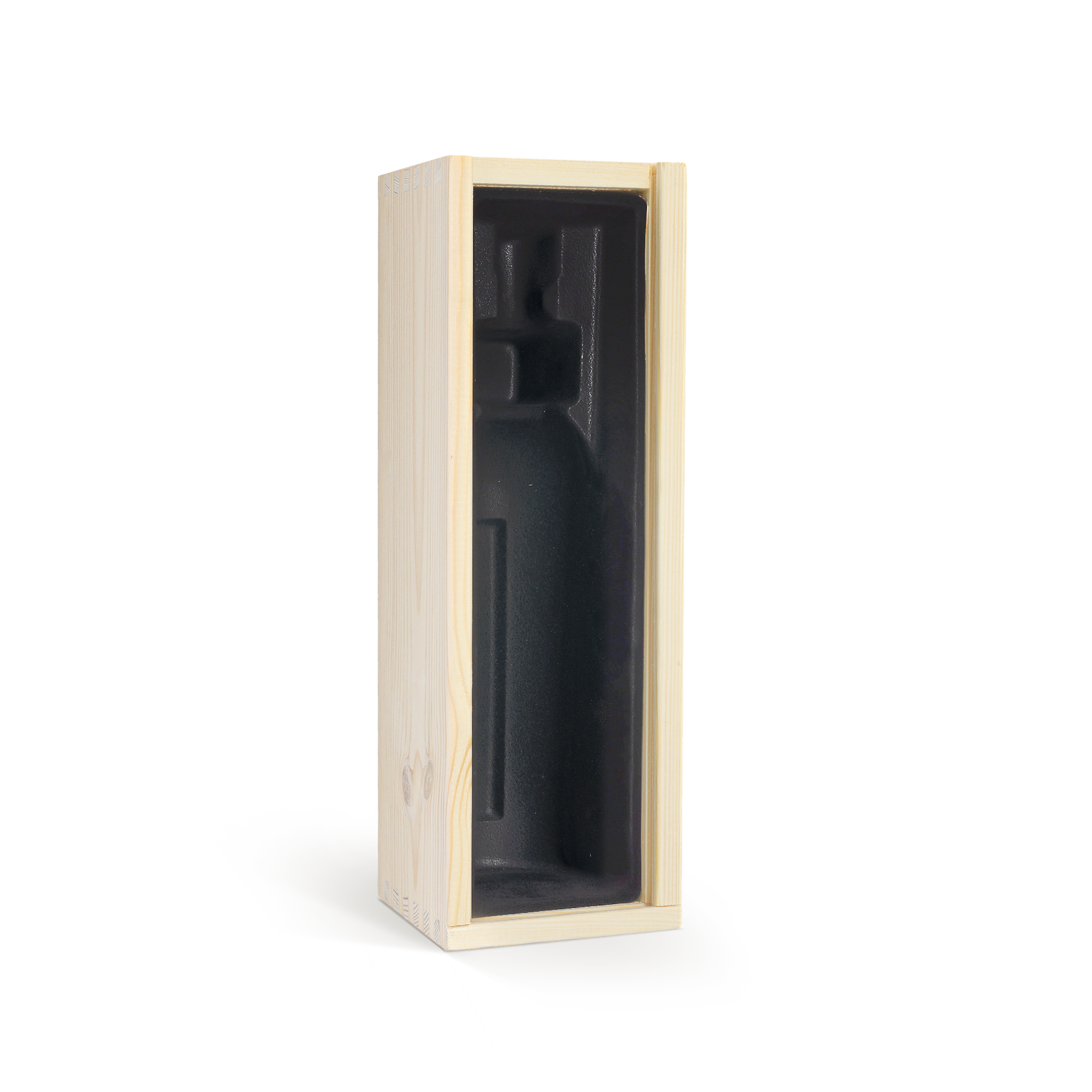 Personalized wooden case with a sliding lid for a bottle, featuring a black insert