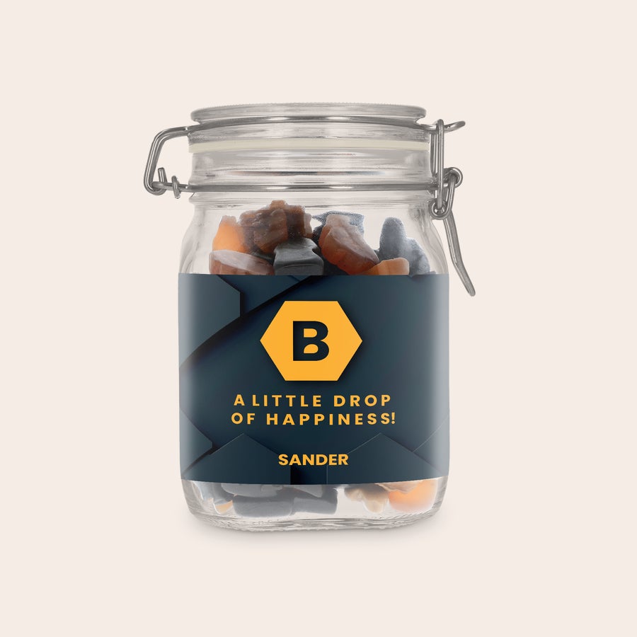 Personalisierte Bonbonglas Personalisiertes Bonbonglas mit Lakritzmischung, bedruckt mit einem B und Sander, dazu der Text A little drop of happiness