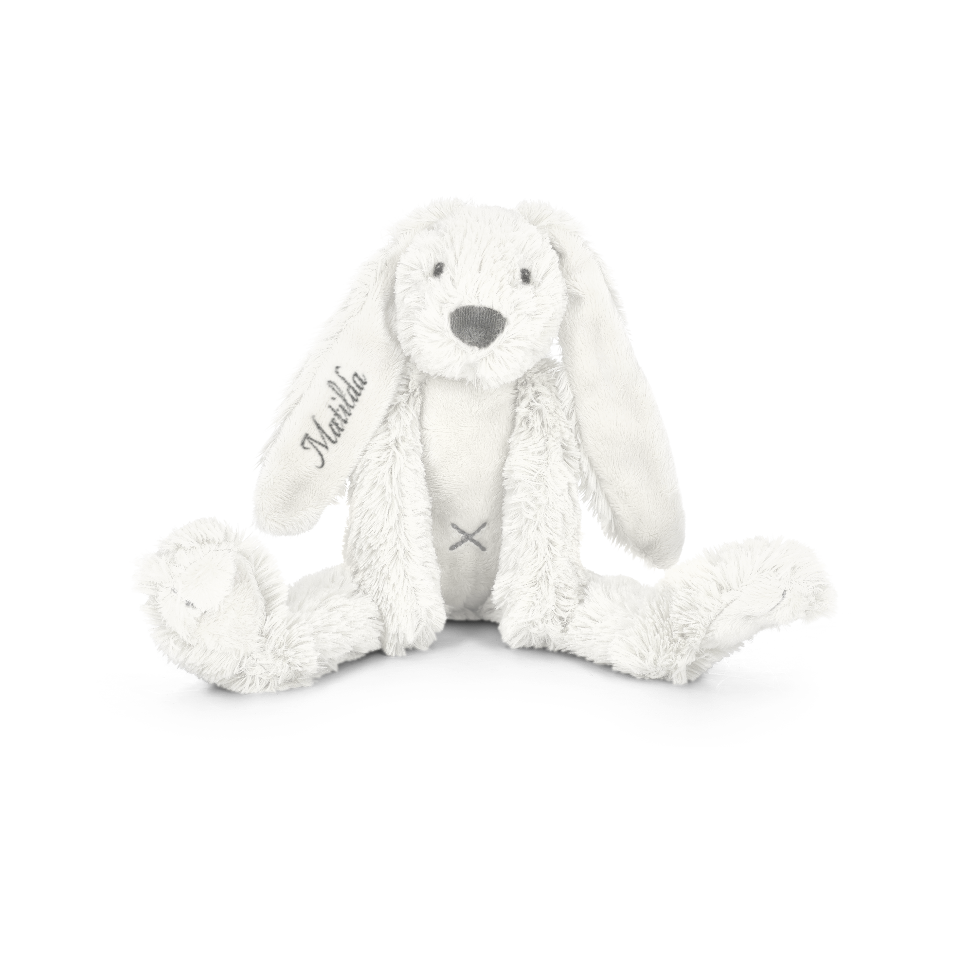Conejo de peluche blanco, Tiny Rabbit Richie, con el nombre "Matilda" bordado en la oreja derecha.