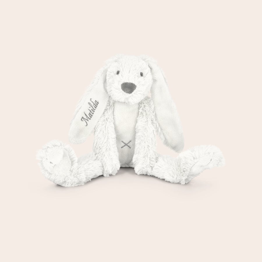 Personalised cuddly toy - Happy Horse - Rabbit Richie White personalised Tiny Rabbit Richie cuddly toy with the name Matilda embroidered on its left ear for endless cuddles
