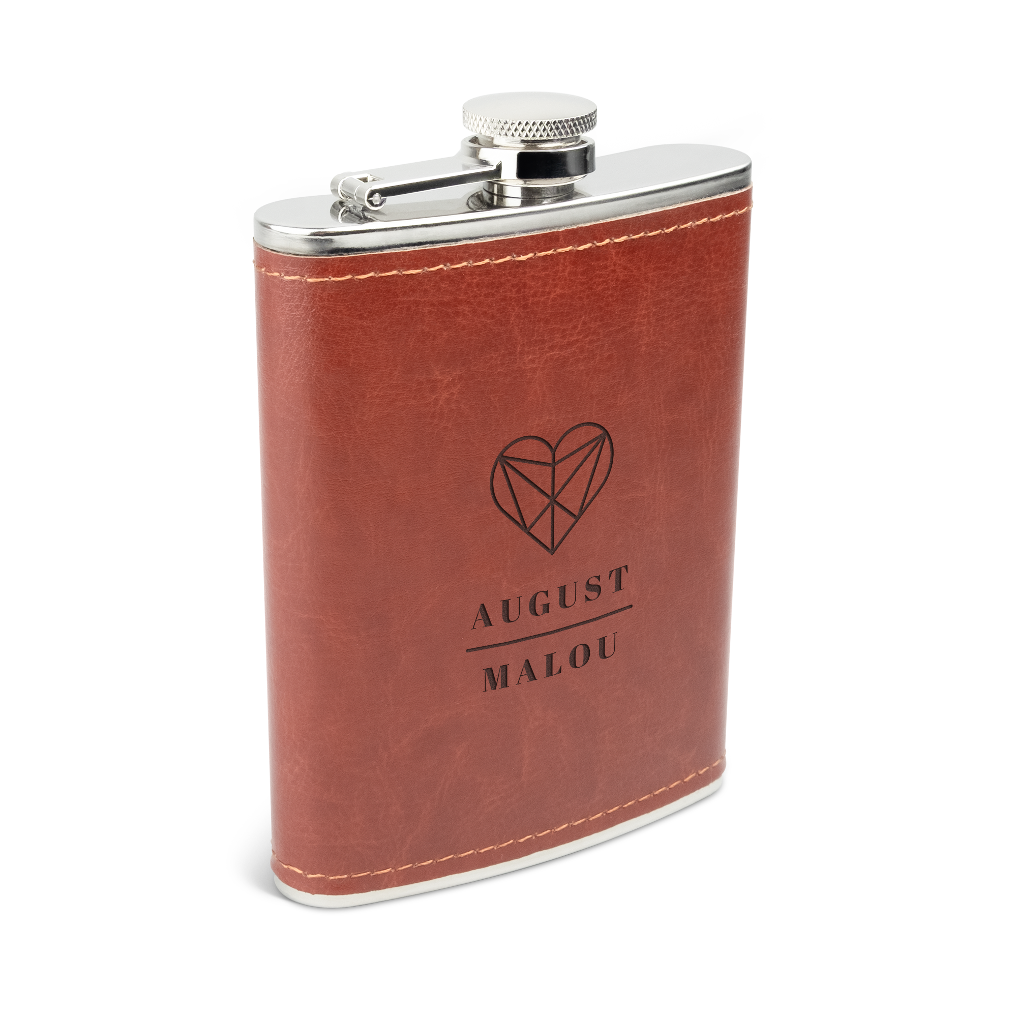 Luksuriøs brun lommelærke i rustfrit stål med læderbetræk, indgraveret med "August Malou" og hjerte.