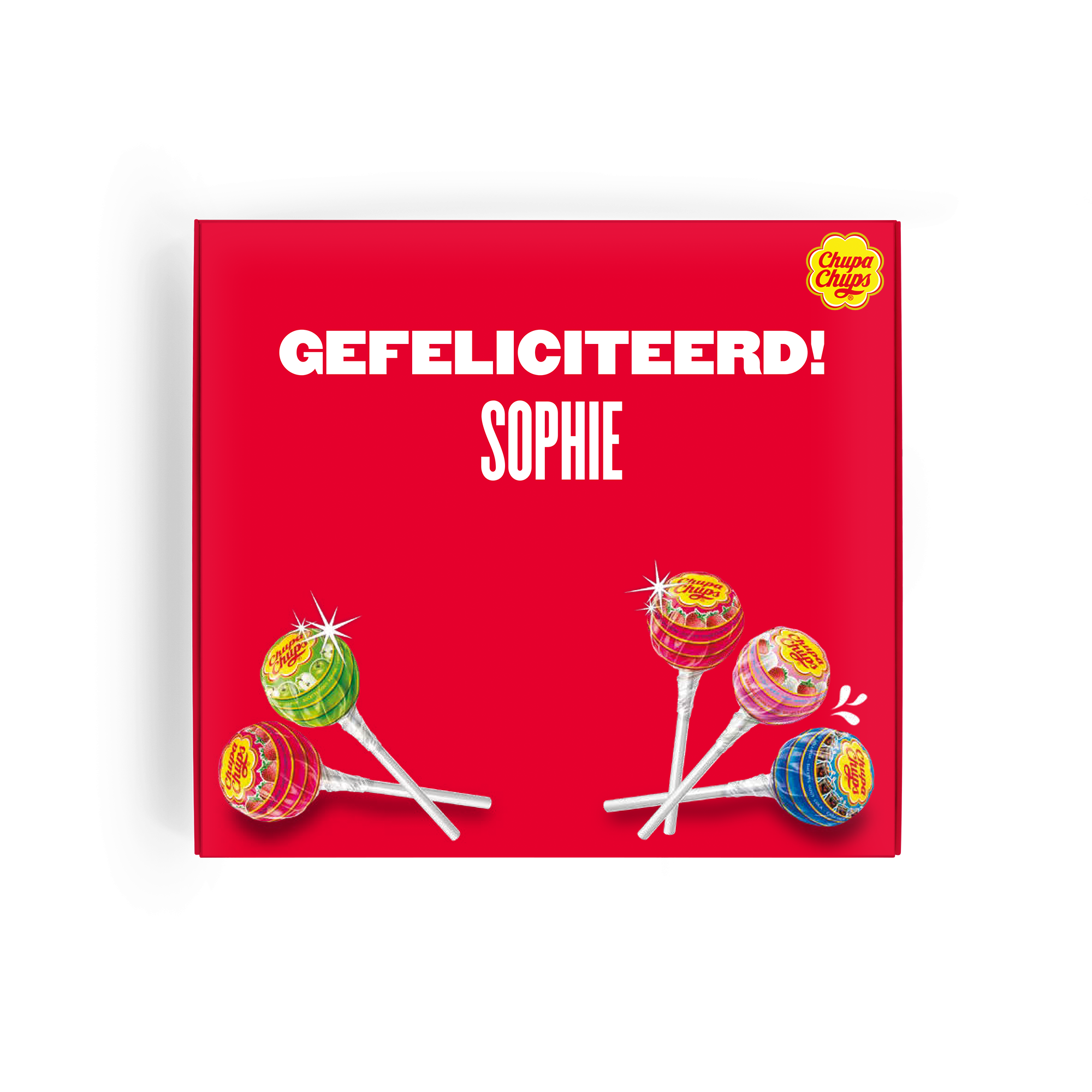 Gepersonaliseerde Chupa Chups-traktatie in brievenbusdoos, rood met "GEFELICITEERD! SOPHIE" en lolly's bedrukt.