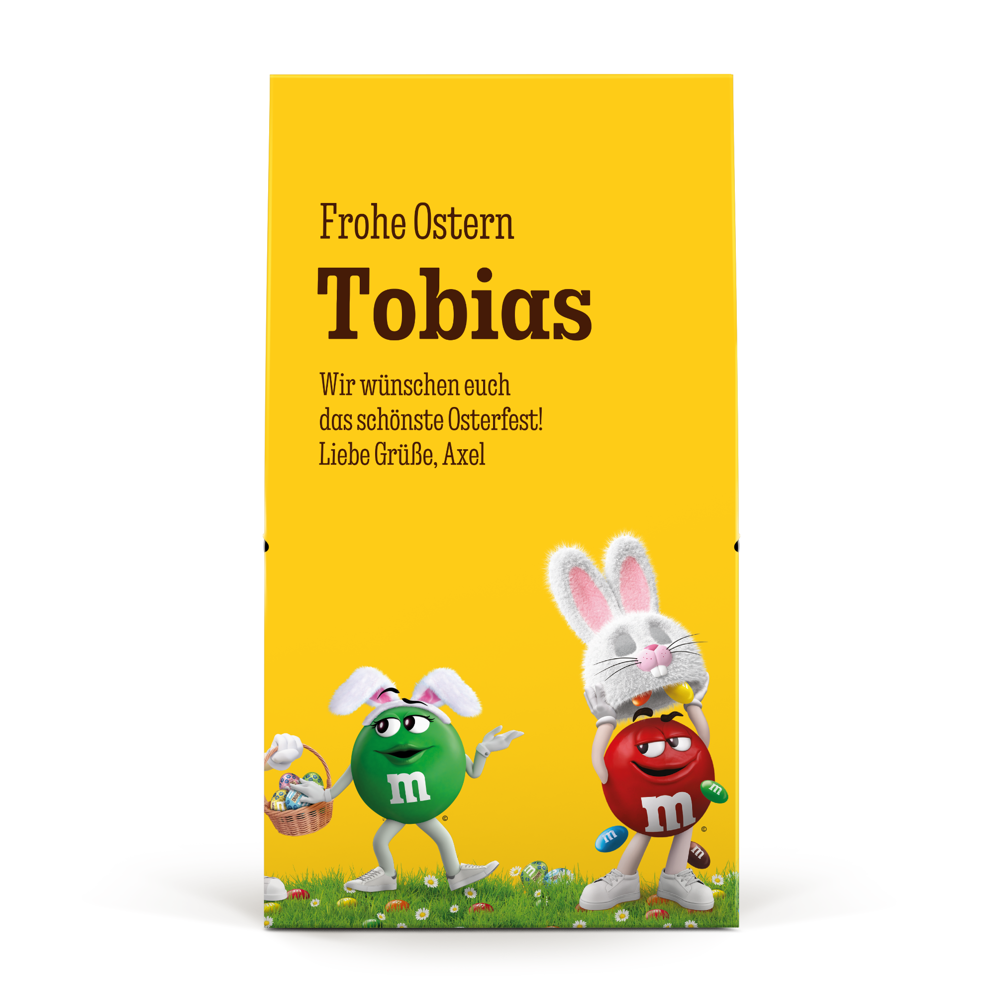 XL M&M's Geschenkbox mit dem Namen Tobias, einem Ostergruß und M&M's Figuren im Osterhasen-Design.