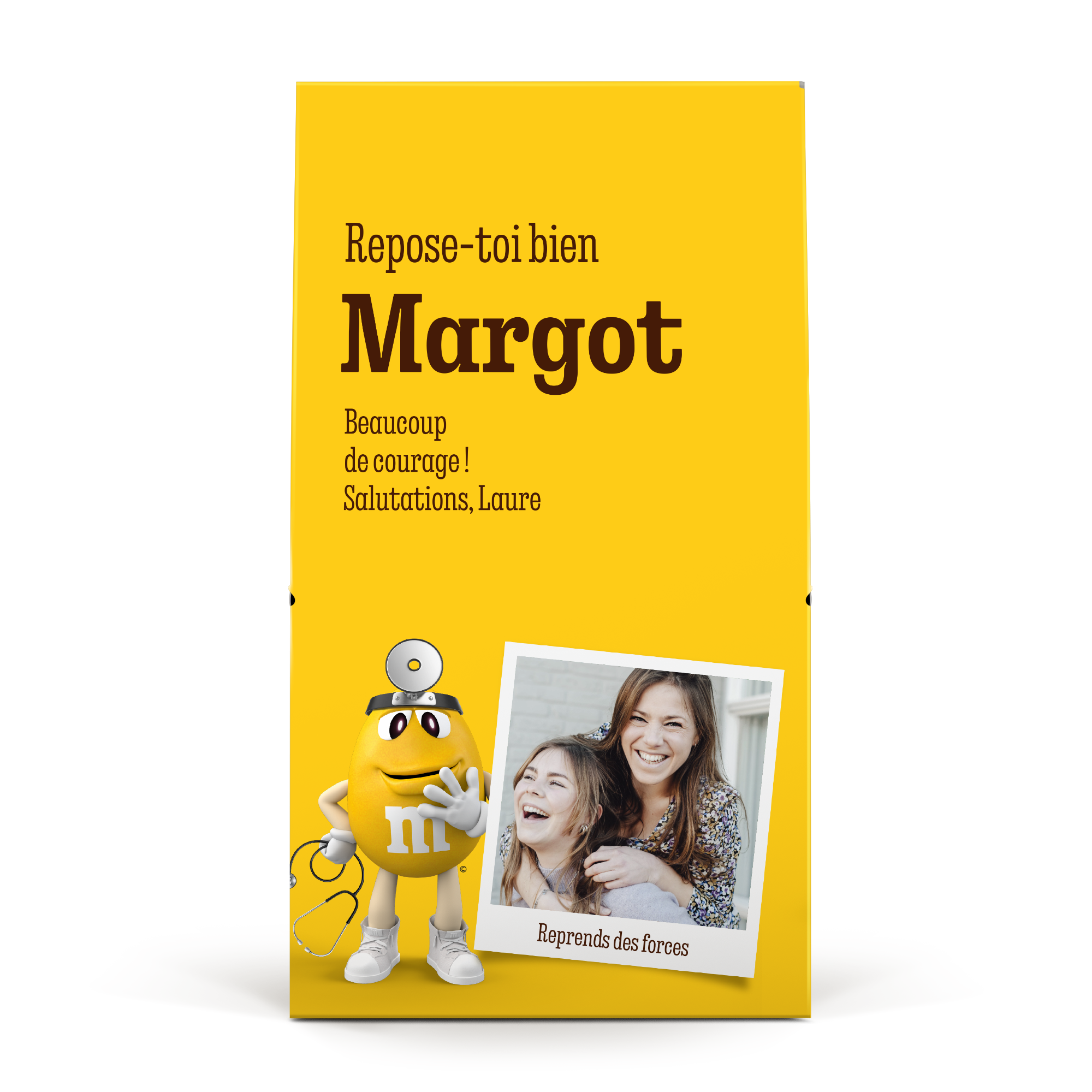 Boîte cadeau XL M&M's personnalisée avec la photo de deux amies, le nom Margot et le message 