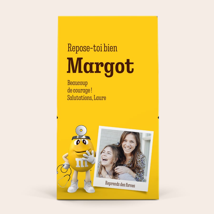 Boîte cadeau personnalisée XL M&M's - 6 sachets (714 grammes) Boîte cadeau XL M&M's personnalisée avec la photo de deux amies, le nom Margot et le message